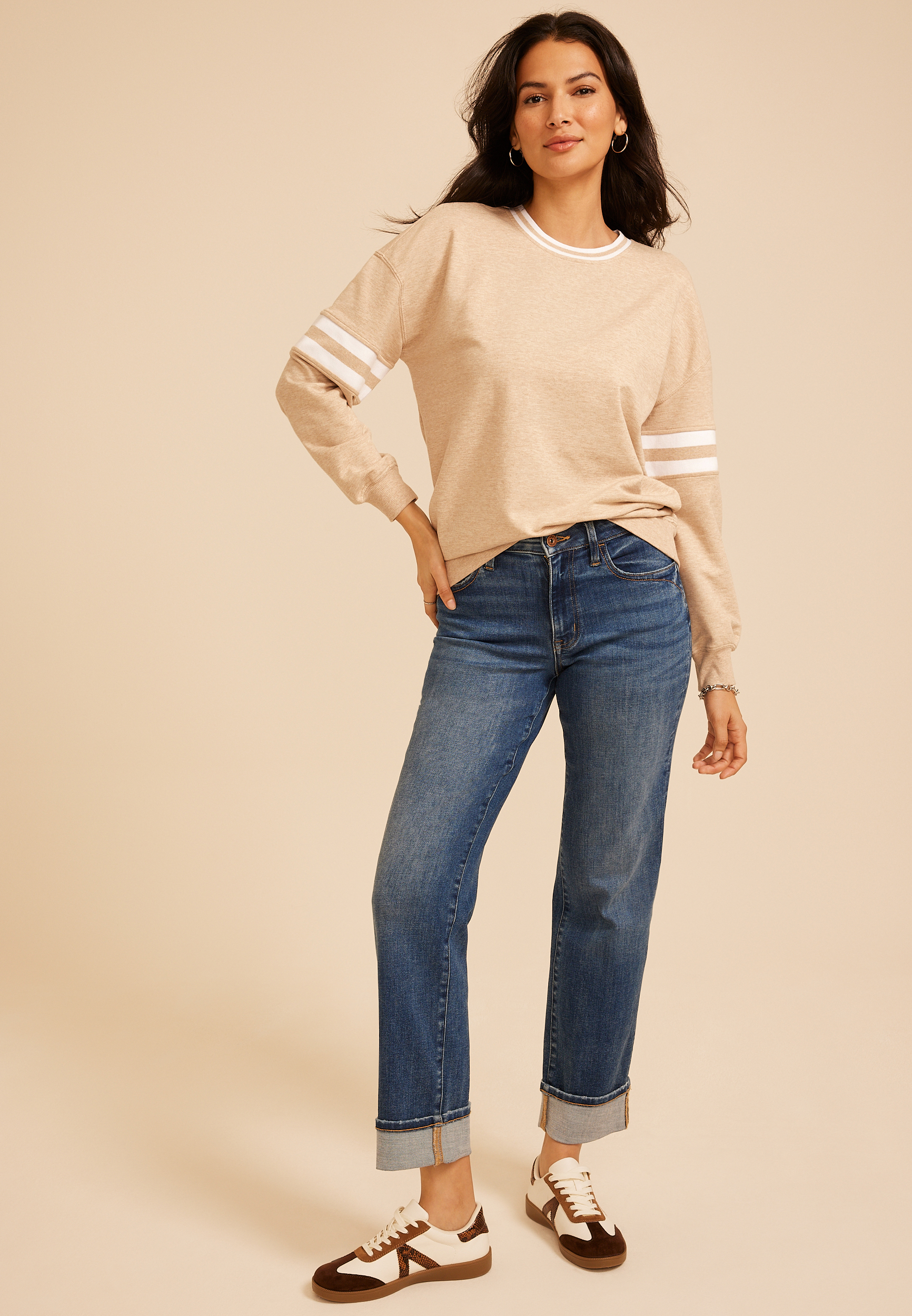 Heathered Varsity Stripe Crew Neck Sweatshirt, C183, large