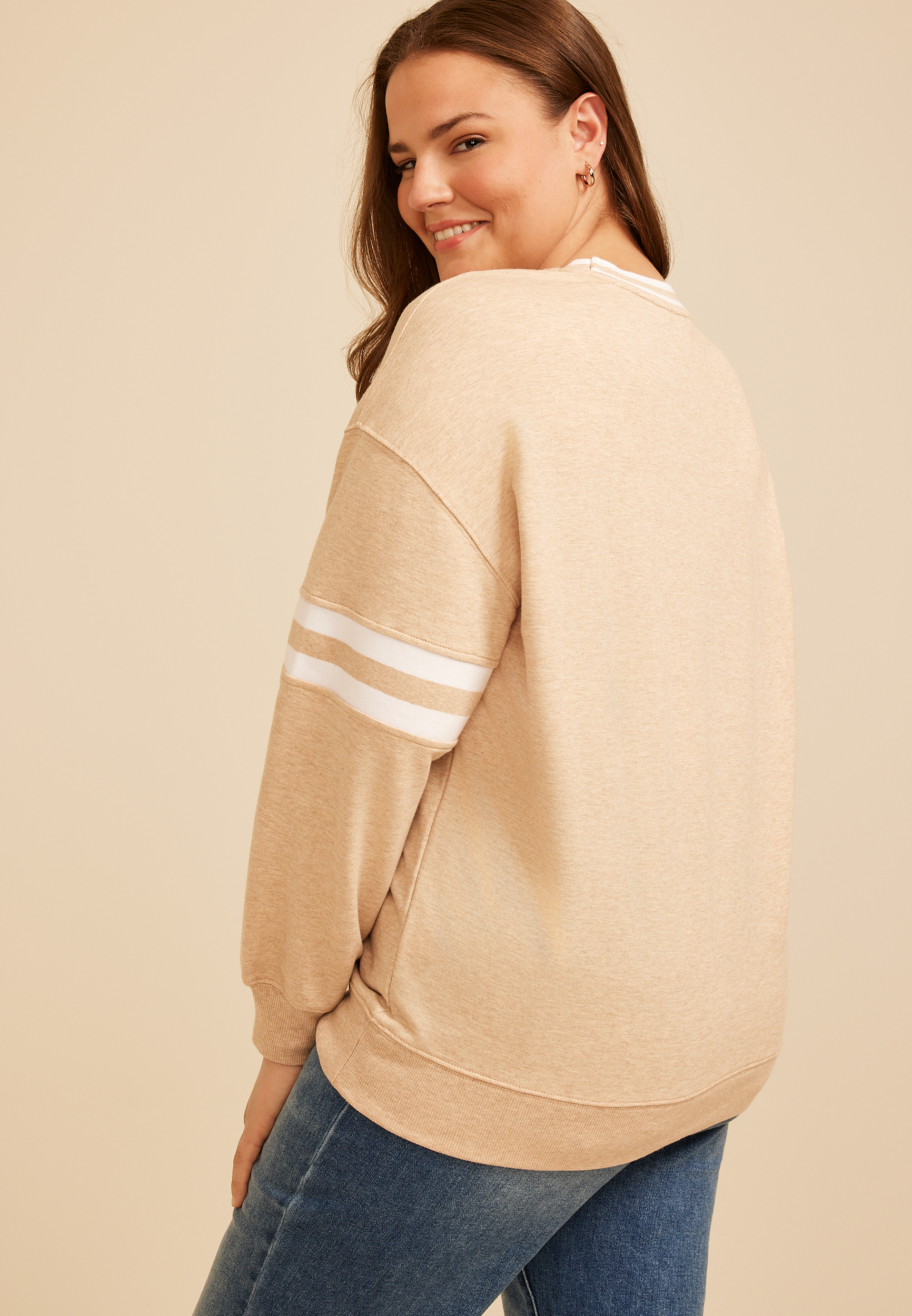 Plus Size Heathered Varsity Stripe Crew Neck Sweatshirt, C183, large
