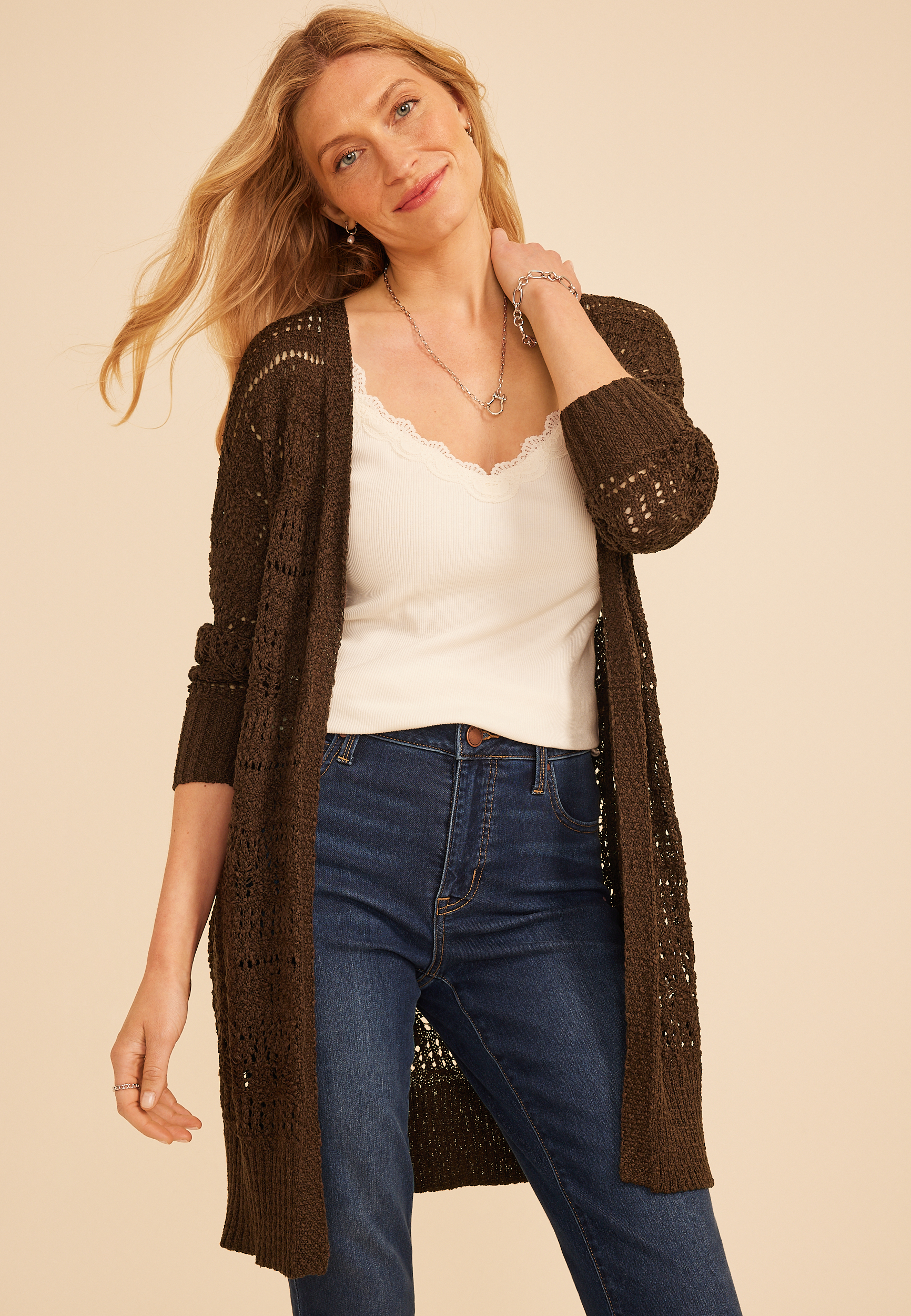 Pointelle Open Front Duster Cardigan