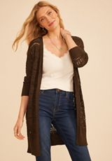 Pointelle Open Front Duster Cardigan, COFFEE BEAN, small