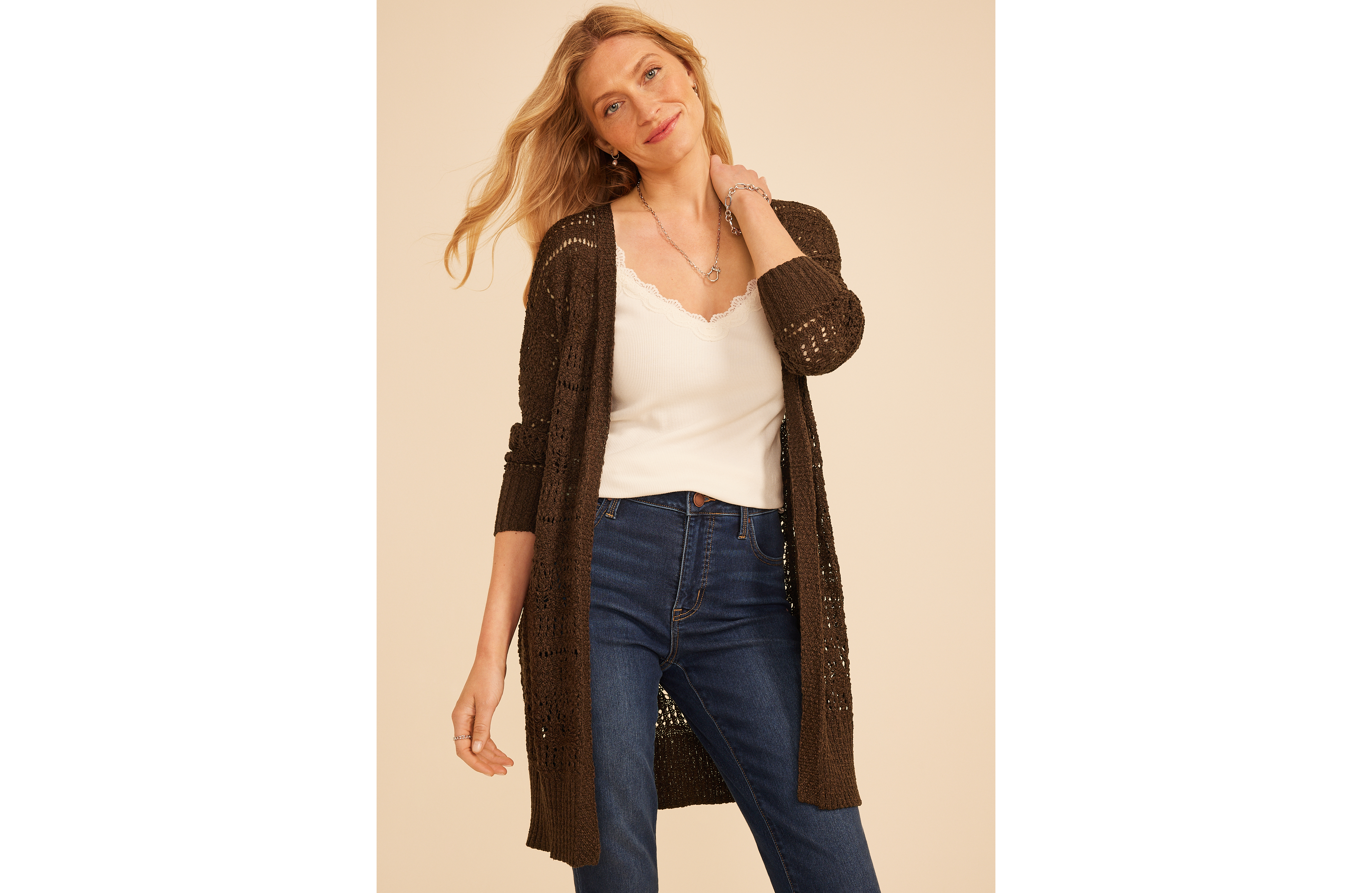 Pointelle Open Front Duster Cardigan