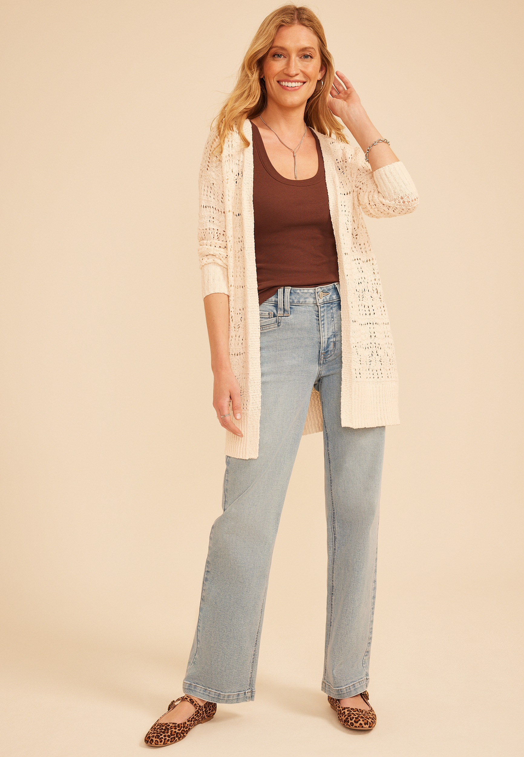 Pointelle Open Front Duster Cardigan, C2789, large