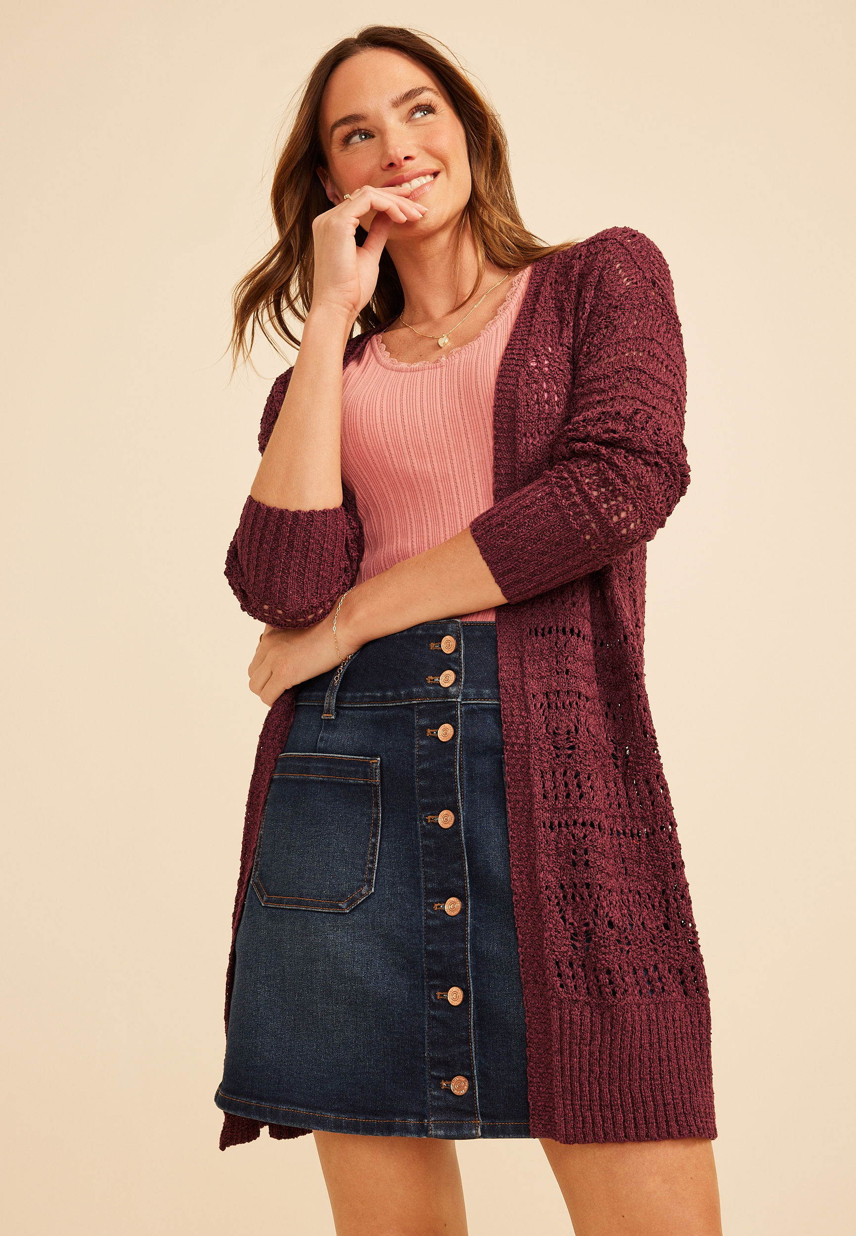 Pointelle Open Front Duster Cardigan