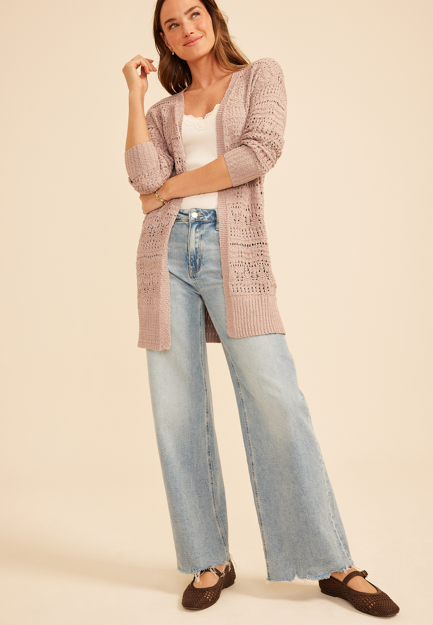 Pointelle Open Front Duster Cardigan