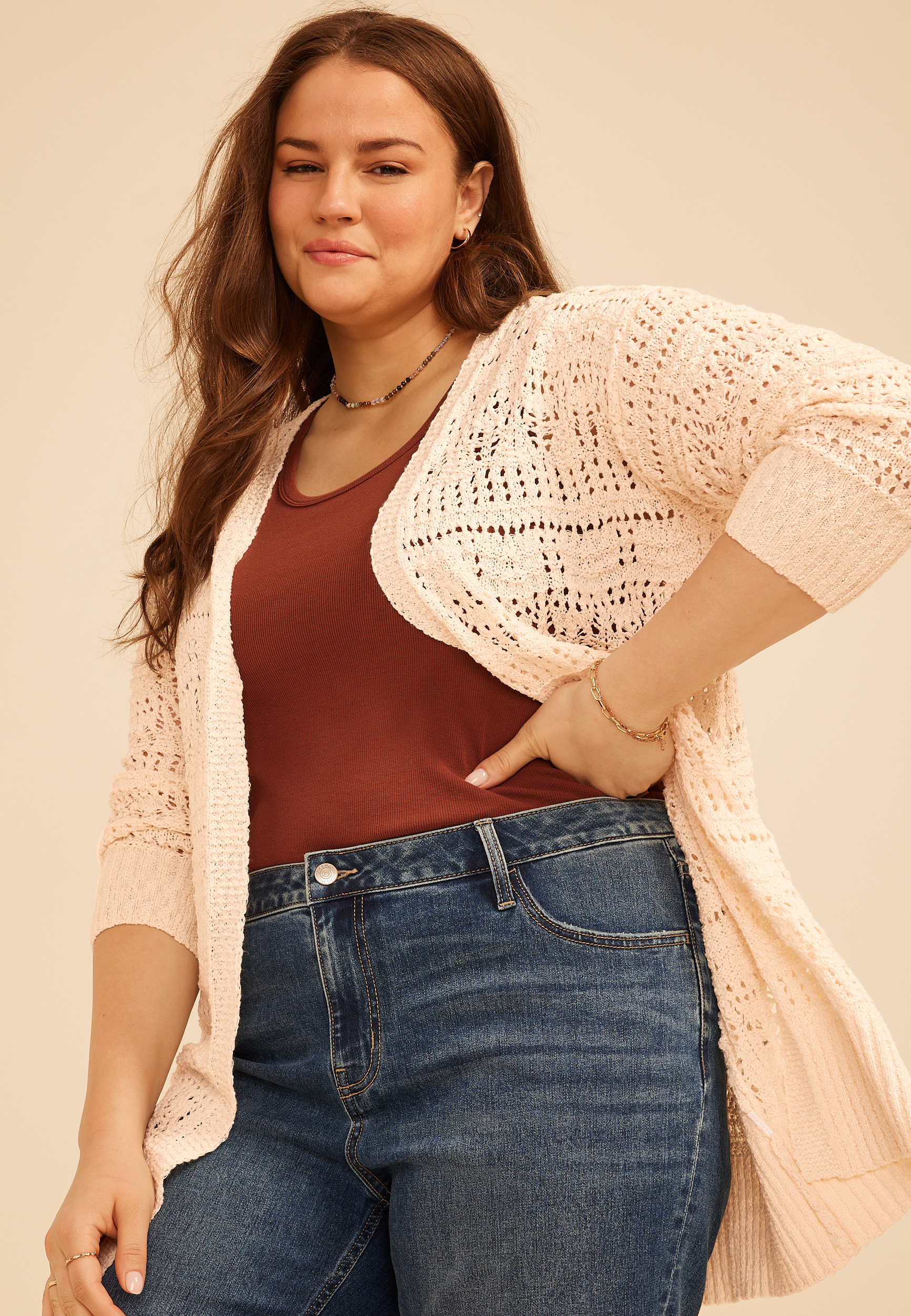 Plus Size Pointelle Open Front Duster Cardigan