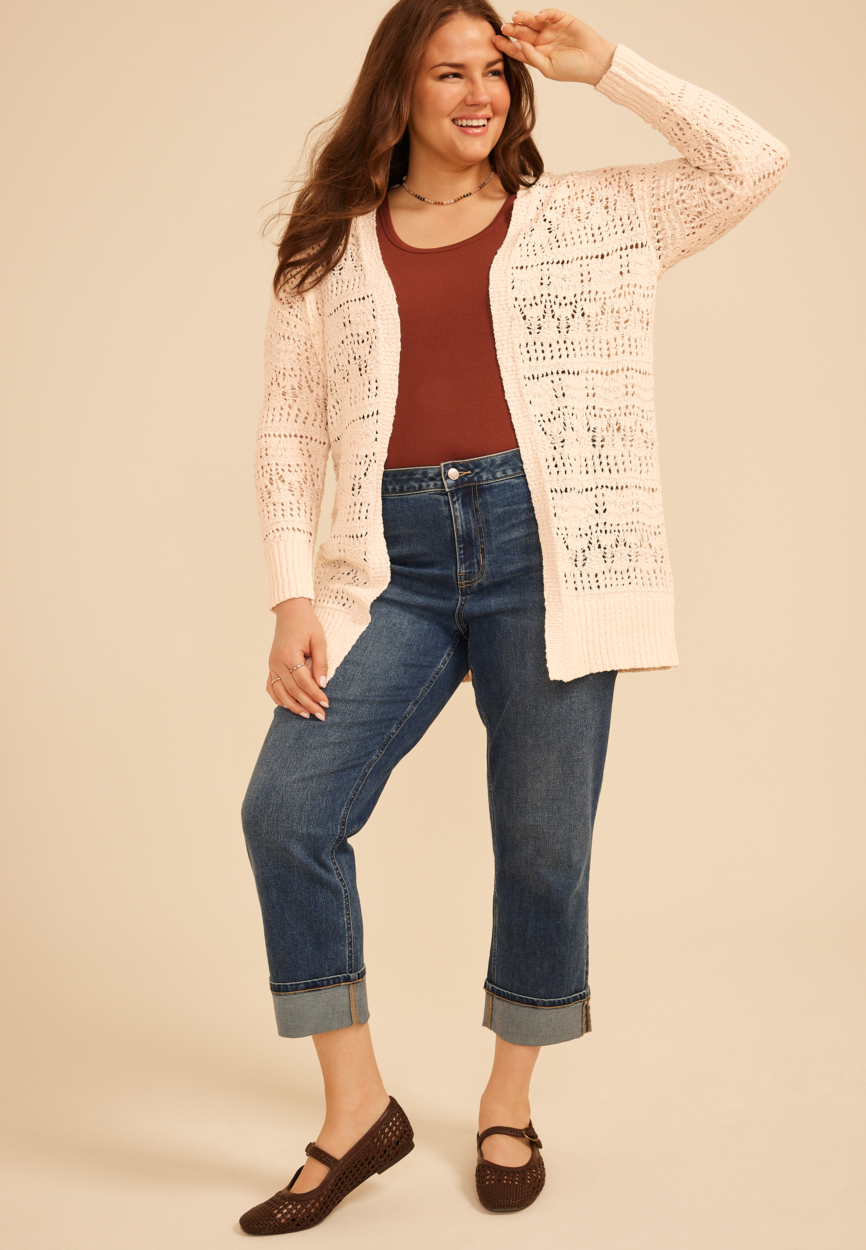 Plus Size Pointelle Open Front Duster Cardigan, C2789, large