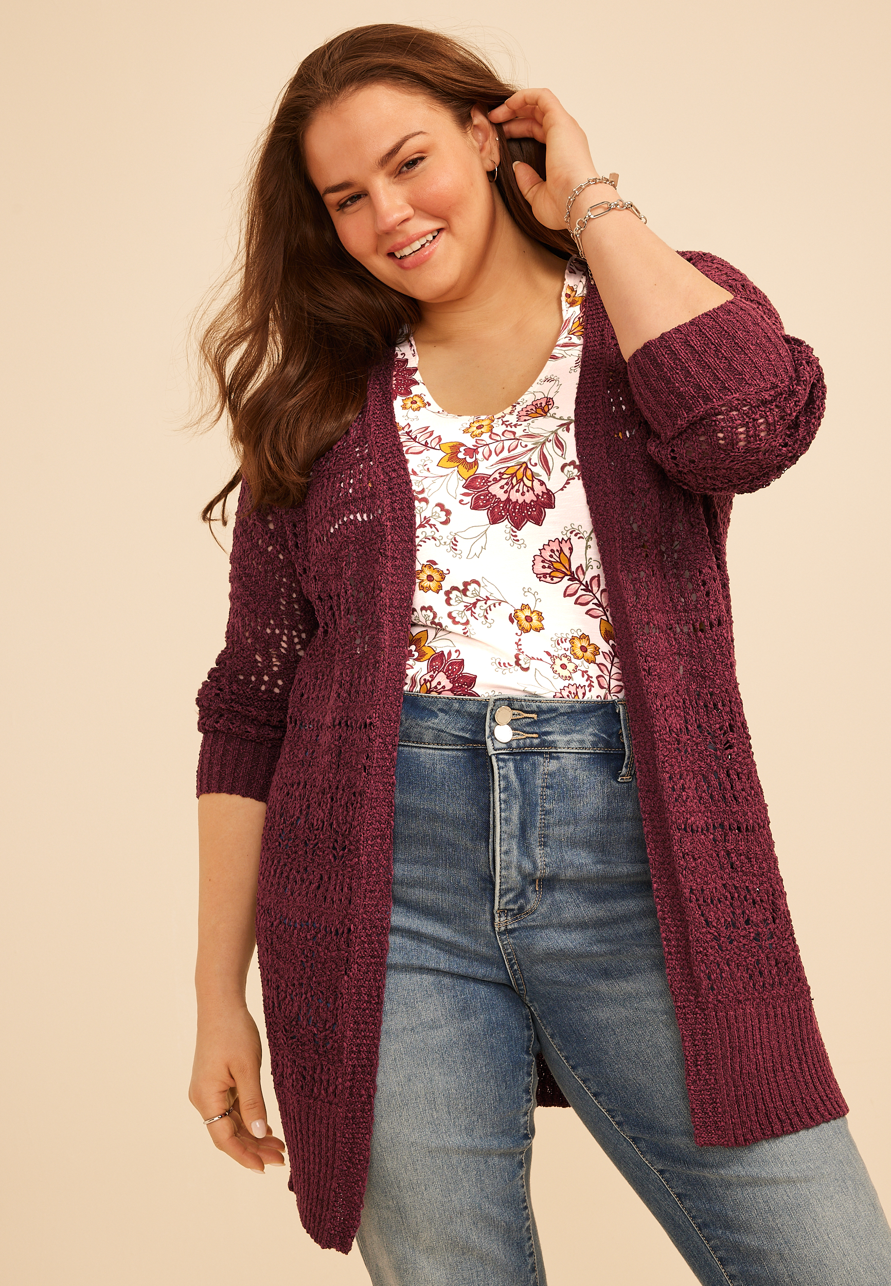 Plus Size Pointelle Open Front Duster Cardigan