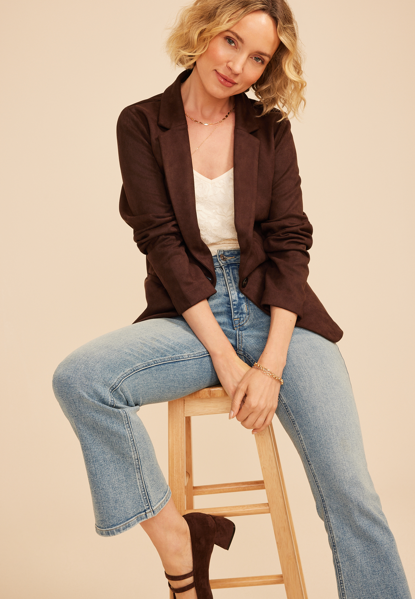 Faux Suede Single Button Blazer