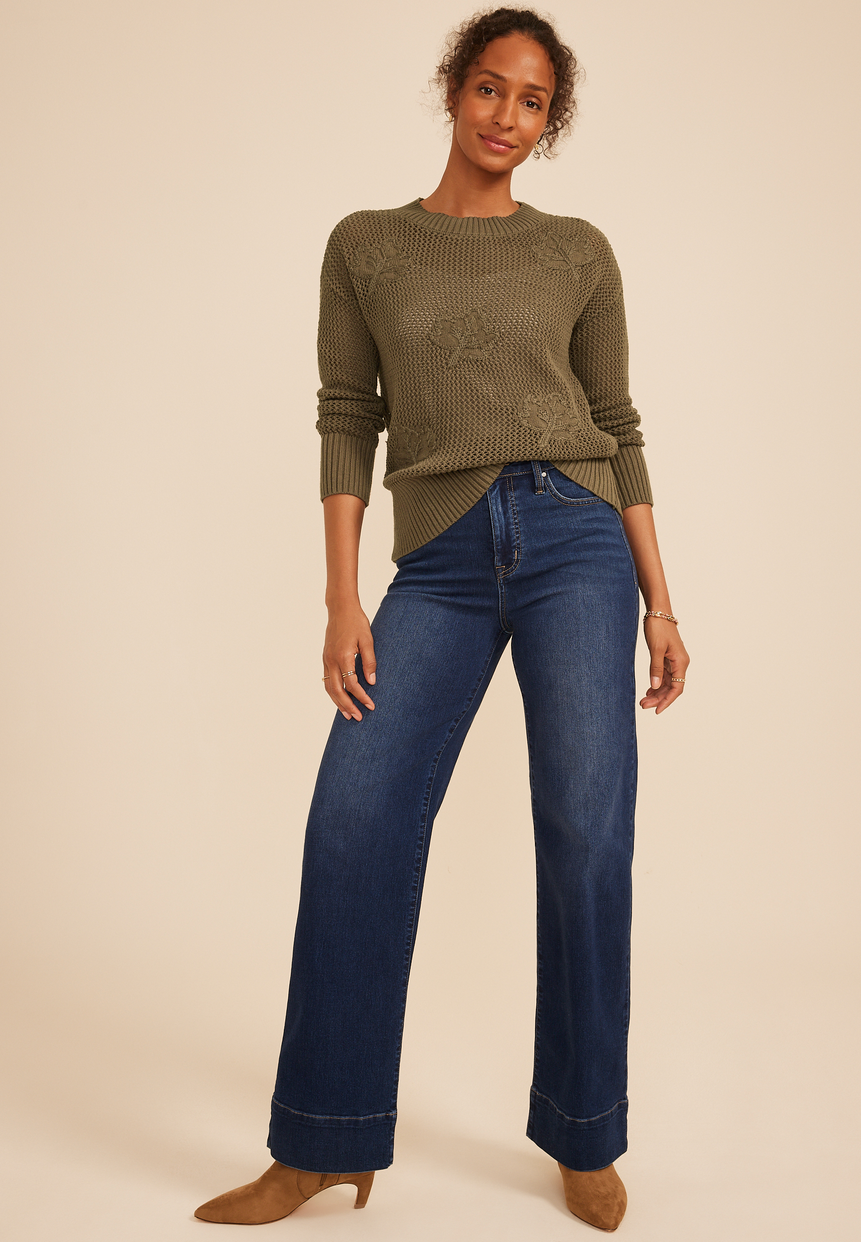 Embroidered Leaf Open Stitch Sweater