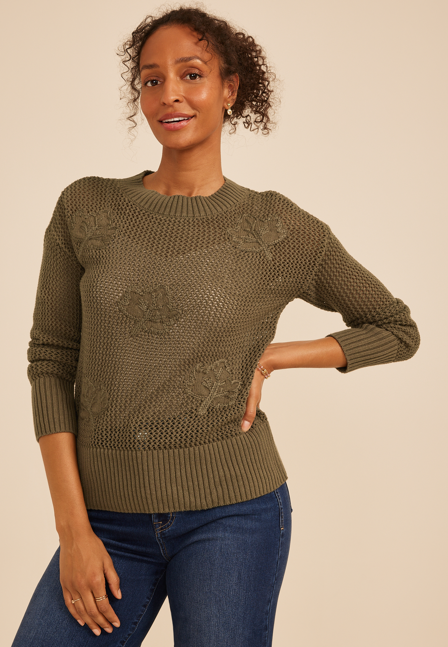 Embroidered Leaf Open Stitch Sweater, C5364, large