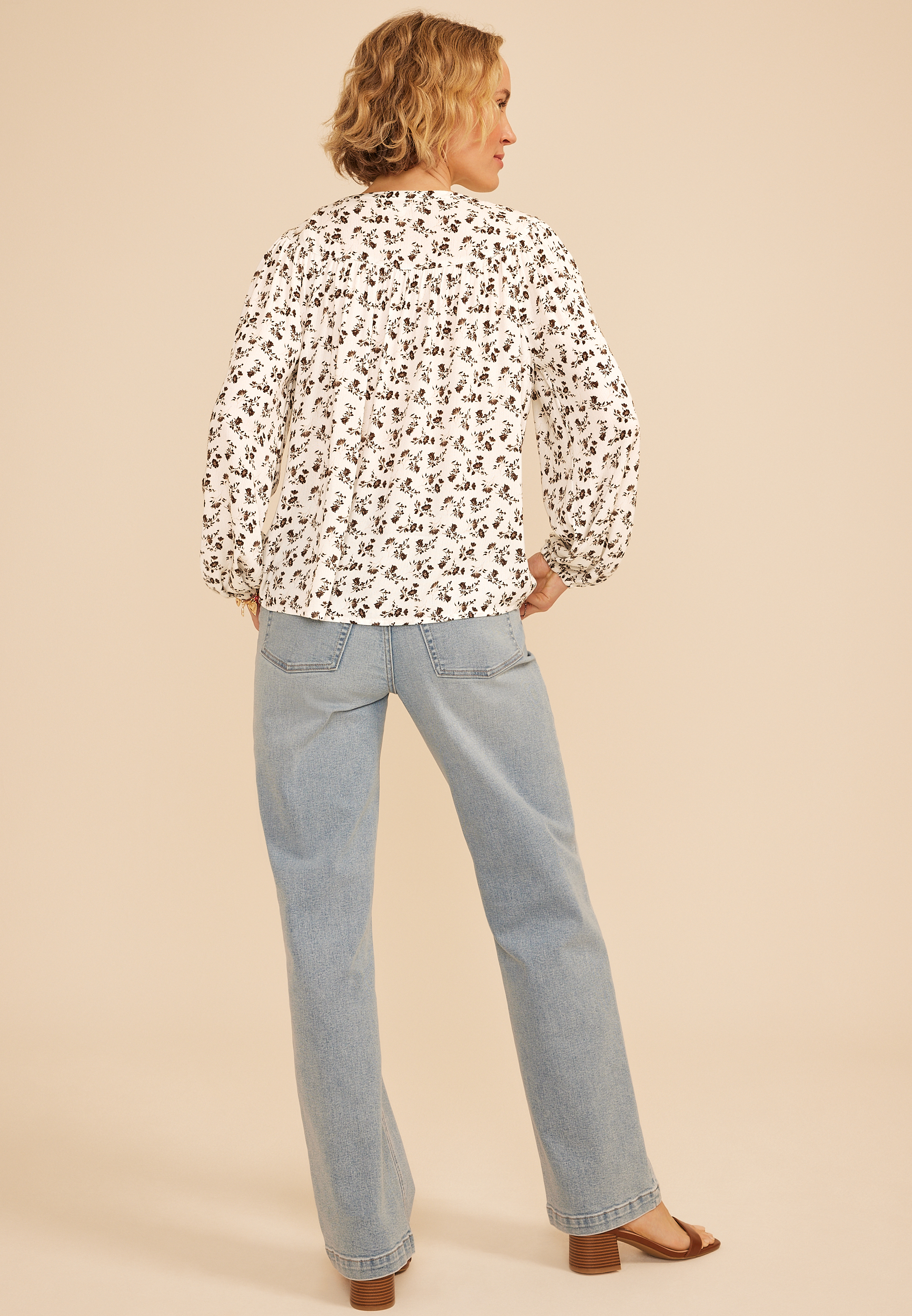 Floral Henley Peasant Blouse, C1635, large