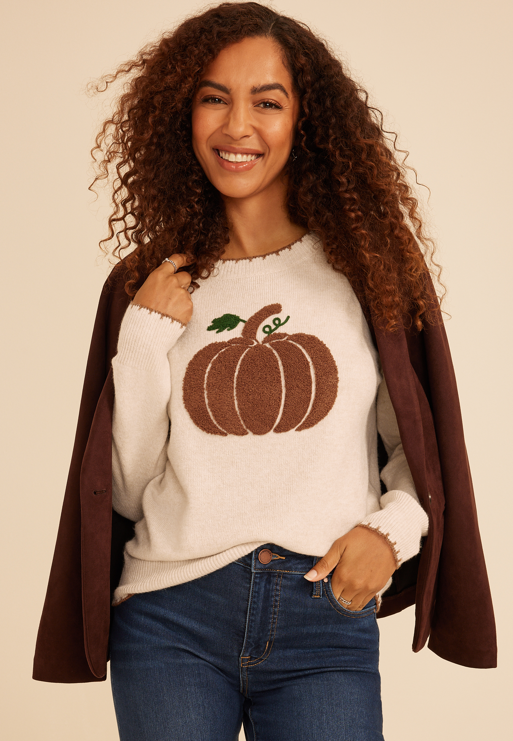 Sherpa Pumpkin Whipstitch Crew Neck Sweater