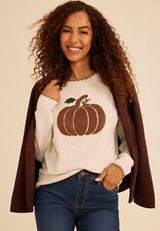 Sherpa Pumpkin Whipstitch Crew Neck Sweater, C4813, small