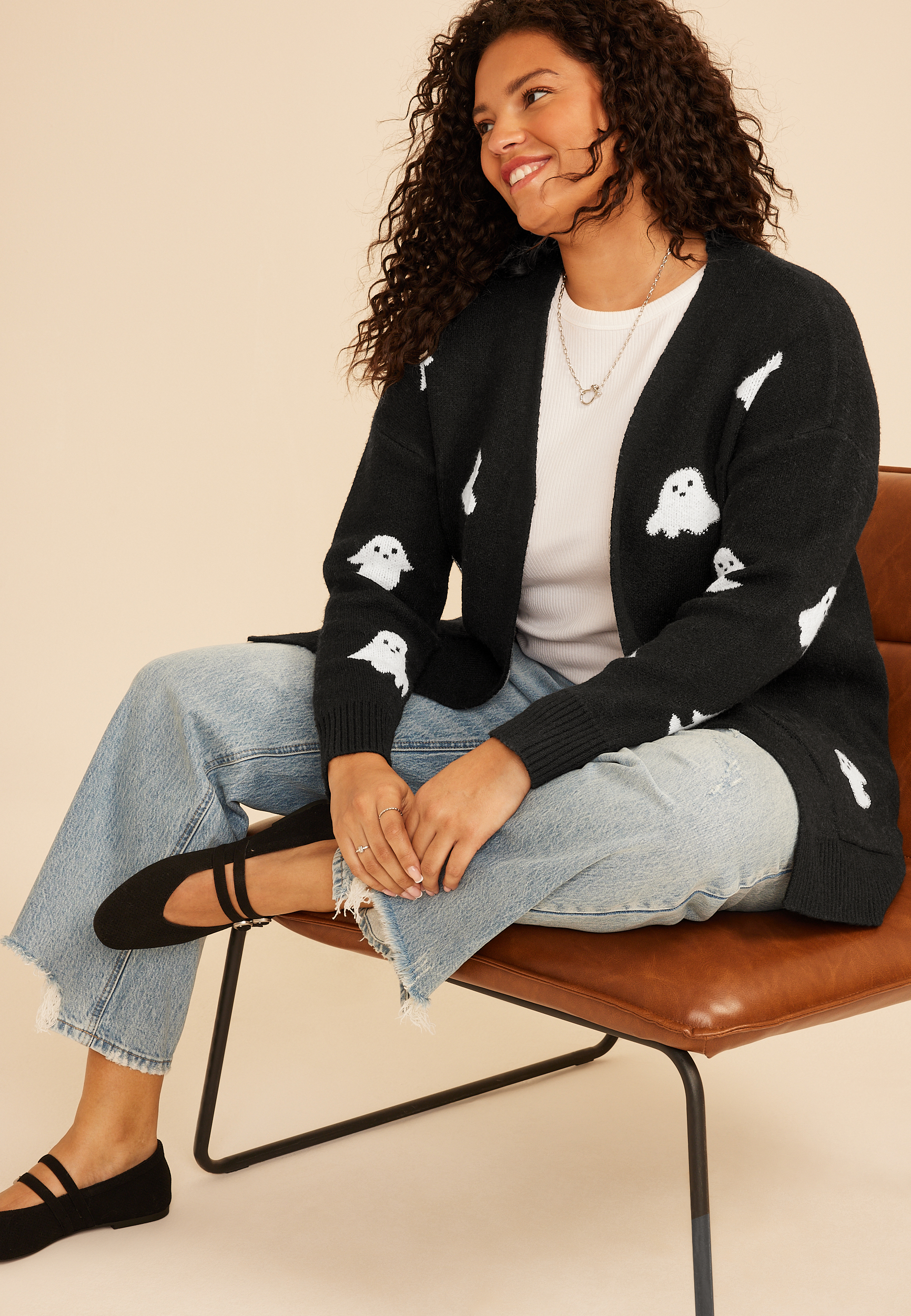 Plus Size Beaded Ghost Open Front Cardigan