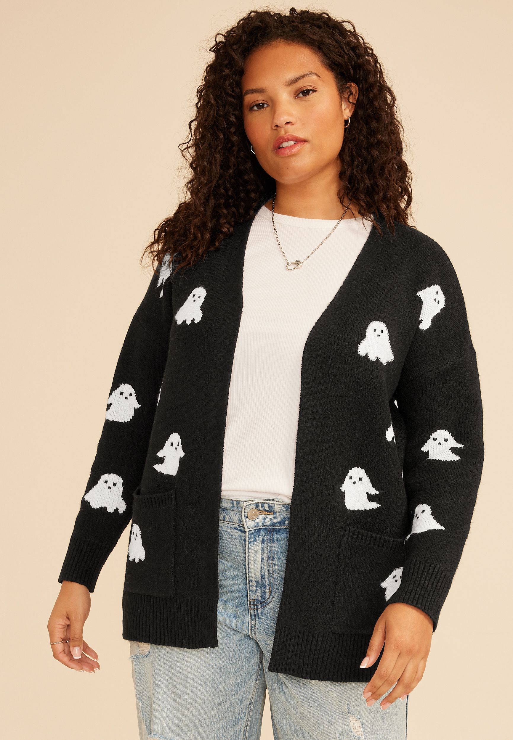 Plus Size Beaded Ghost Open Front Cardigan, C1756, large