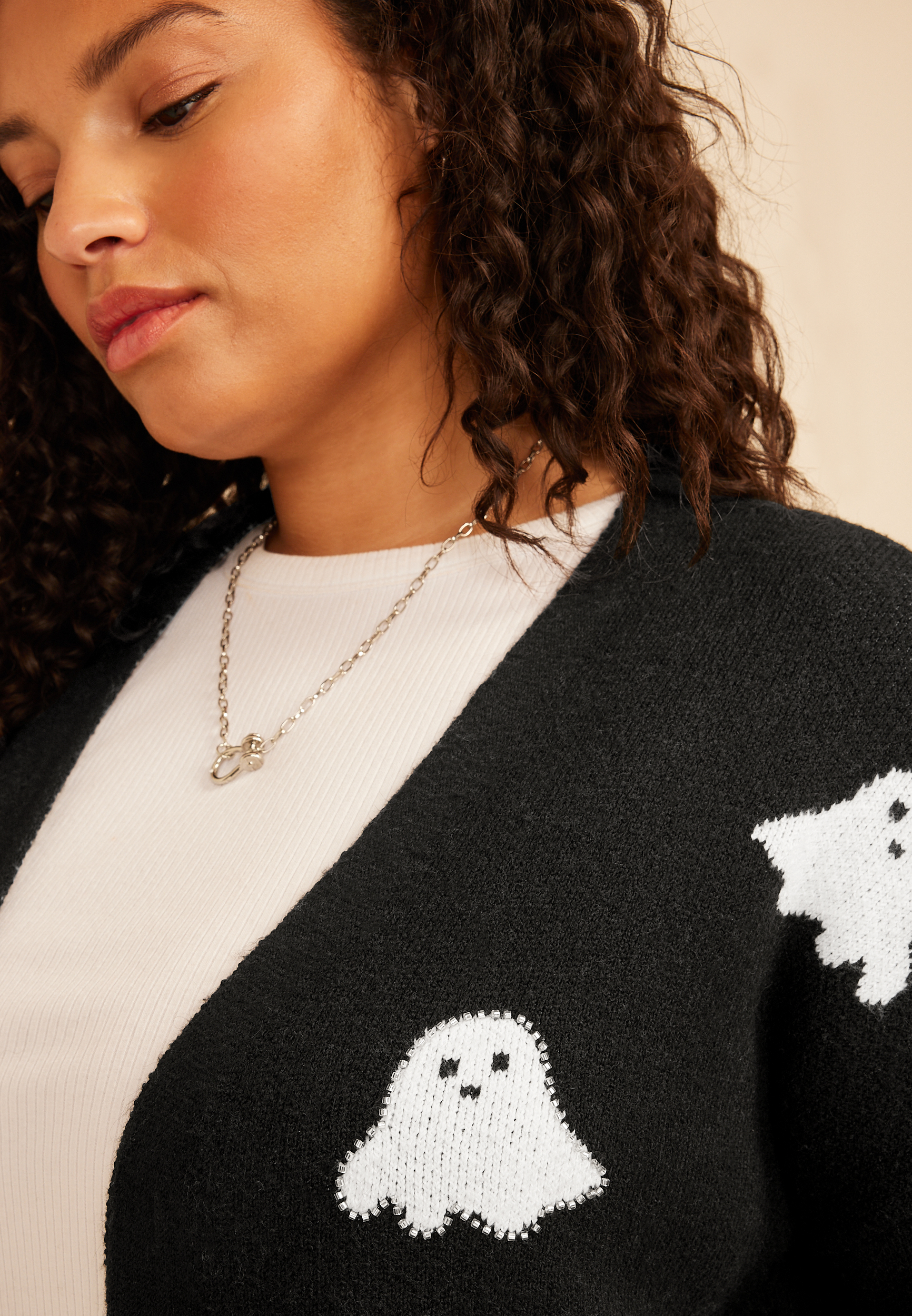 Plus Size Beaded Ghost Open Front Cardigan, C1756, large