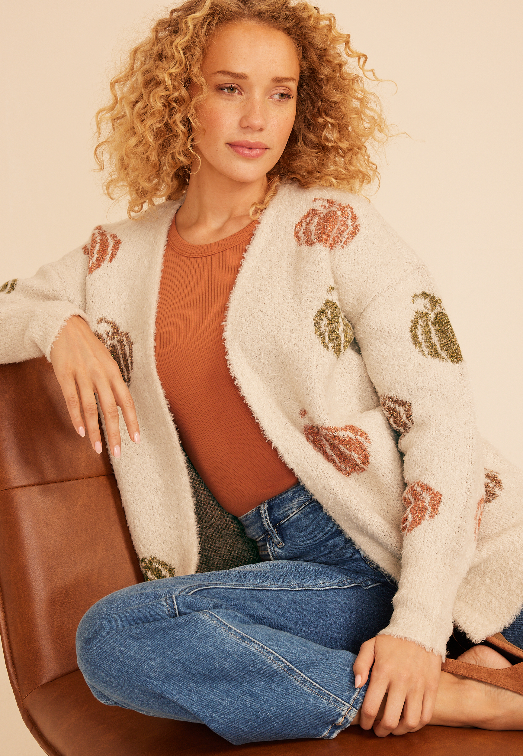 Metallic Pumpkin Open Front Cardigan