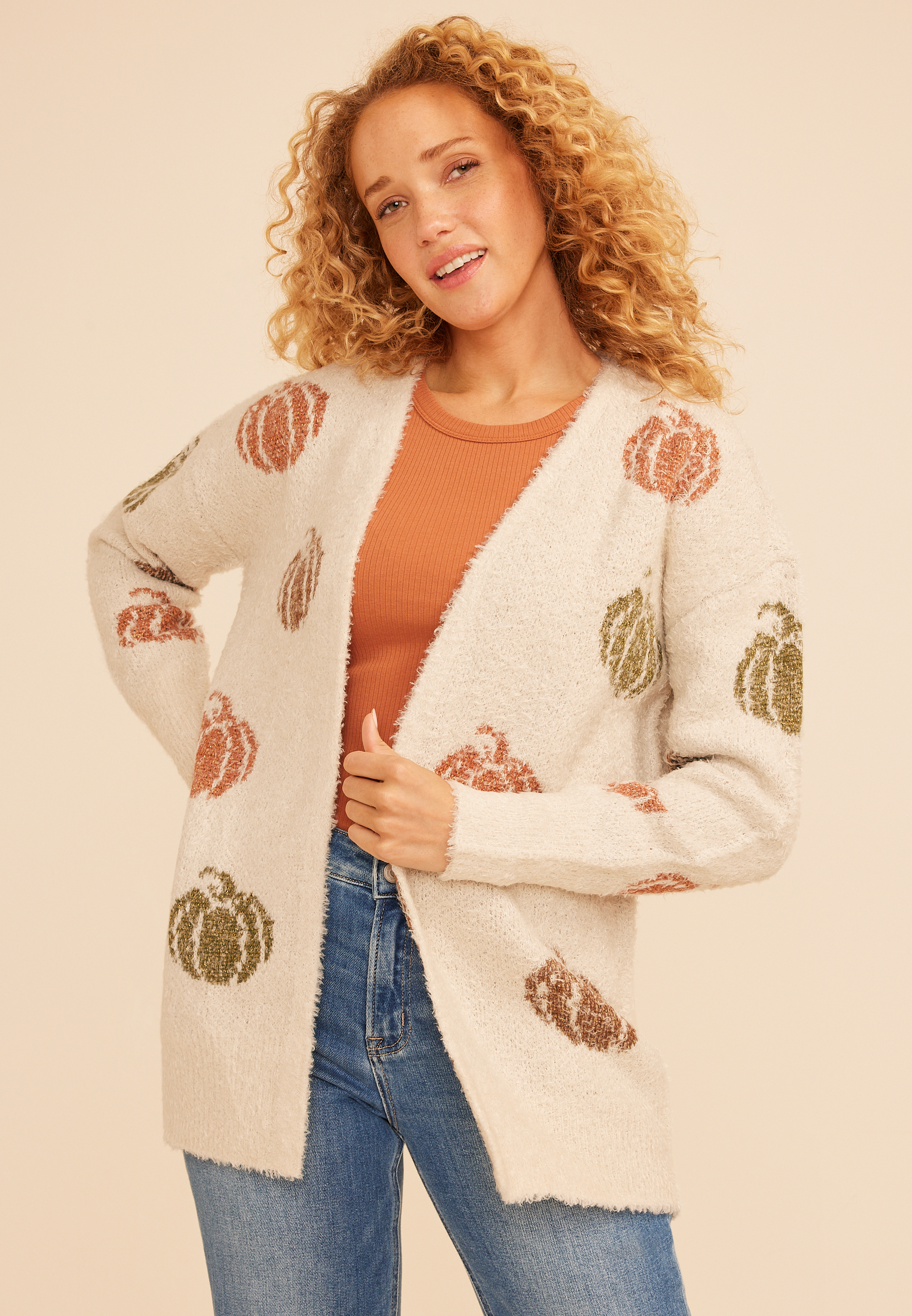 Metallic Pumpkin Open Front Cardigan, C5883, large