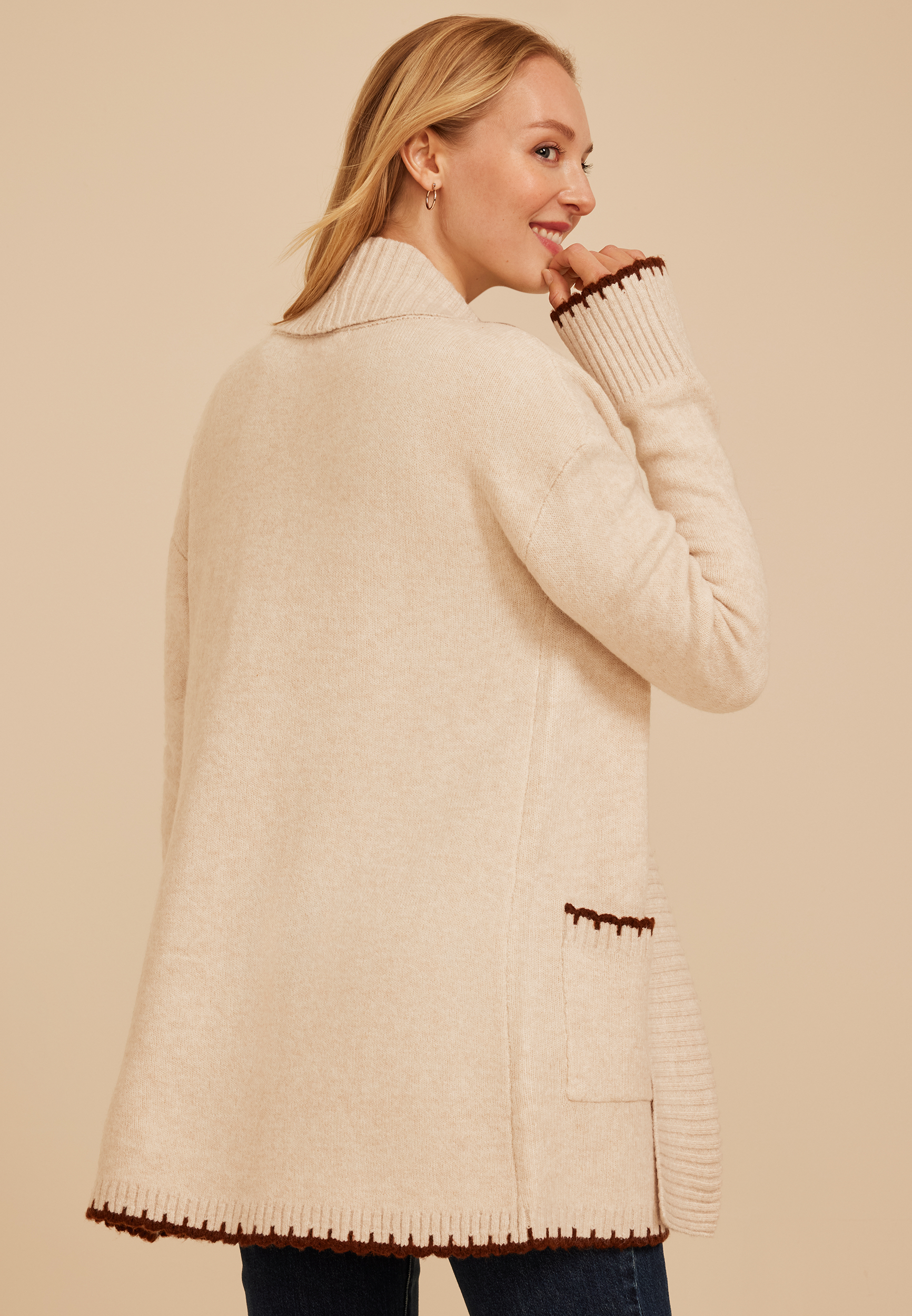 Whipstitch Trim Shawl Collar Cardigan, C1246, large