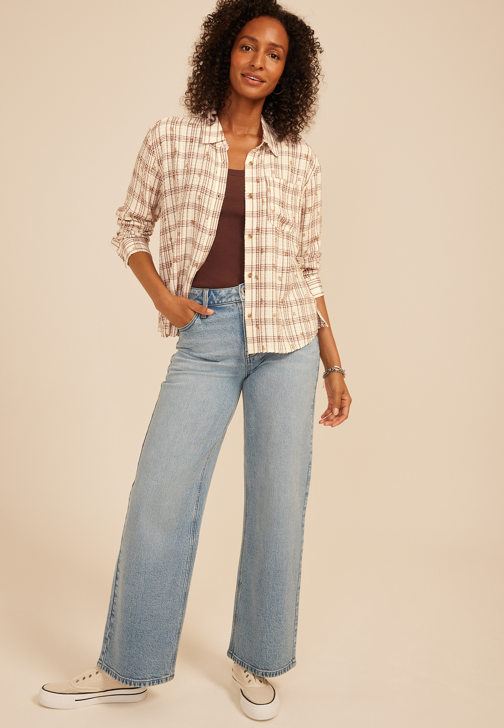 Pucker Plaid Floral Button Down Shirt, C9776, large