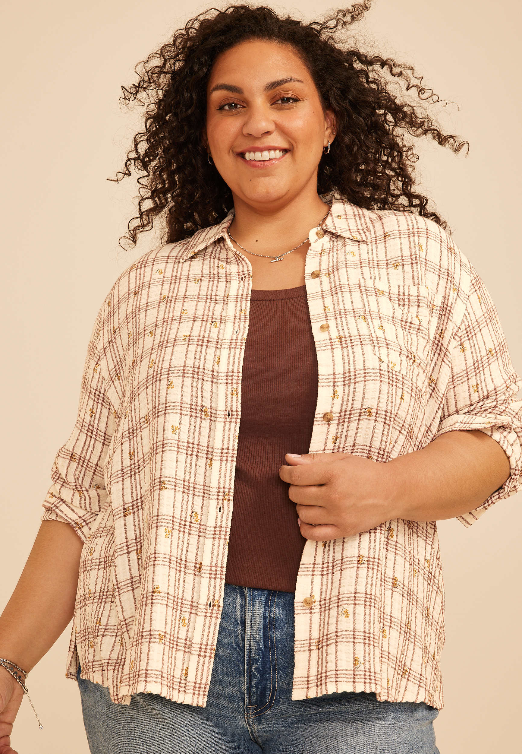 Plus Size Pucker Plaid Floral Button Down Shirt