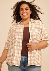 Plus Size Pucker Plaid Floral Button Down Shirt, C9776, small
