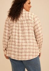 Plus Size Pucker Plaid Floral Button Down Shirt, C9776, small