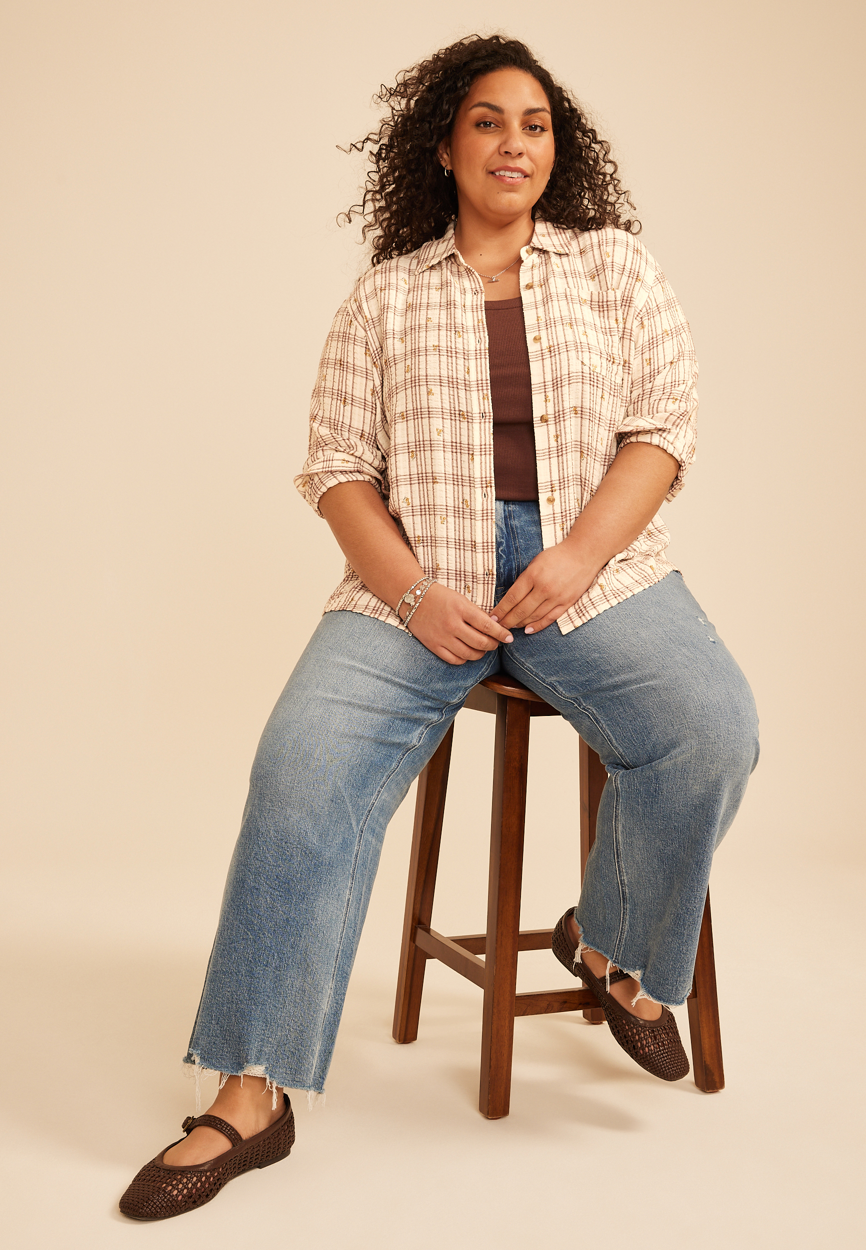Plus Size Pucker Plaid Floral Button Down Shirt, C9776, large