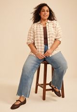 Plus Size Pucker Plaid Floral Button Down Shirt, C9776, small