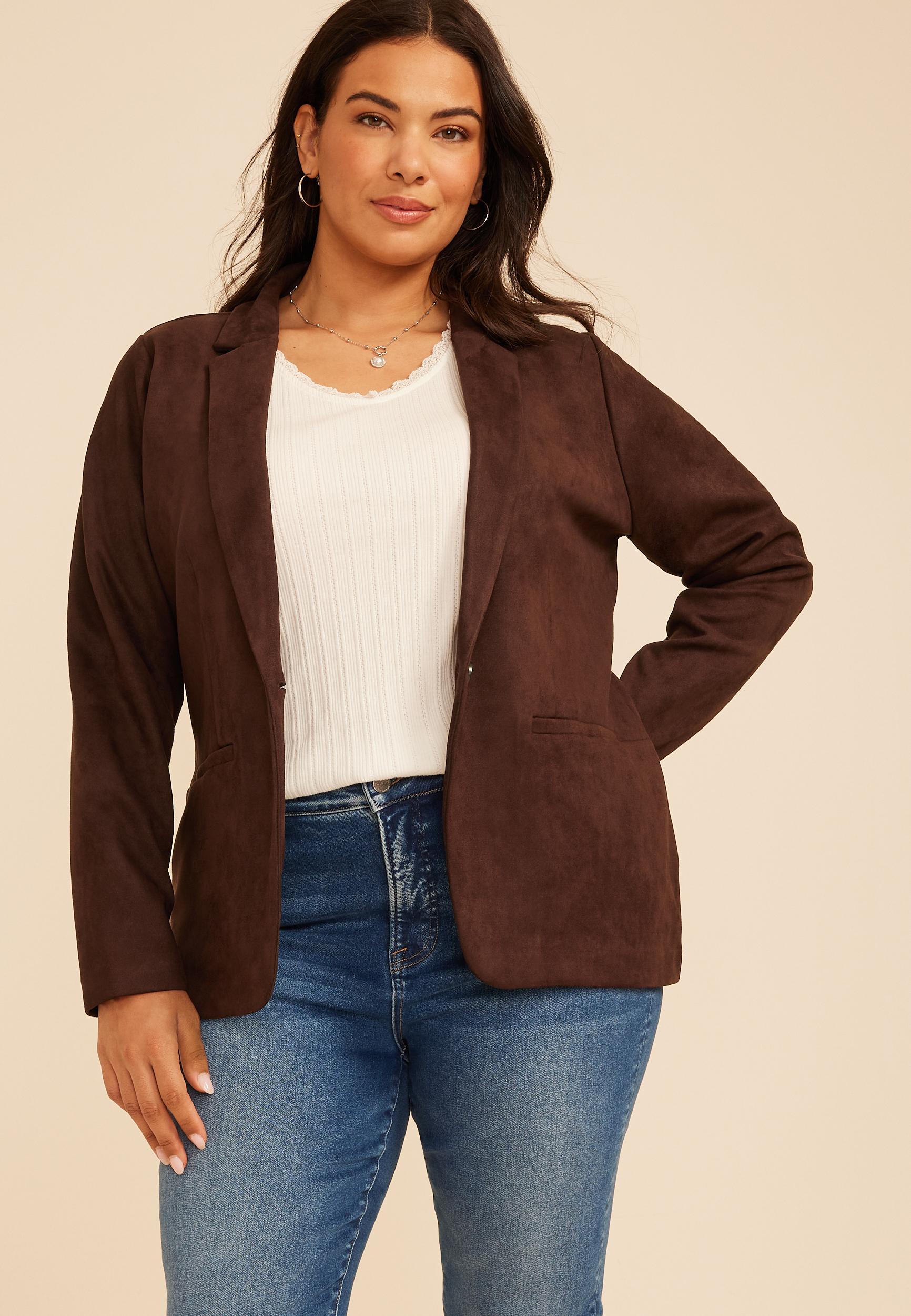 Plus Size Faux Suede Single Button Blazer