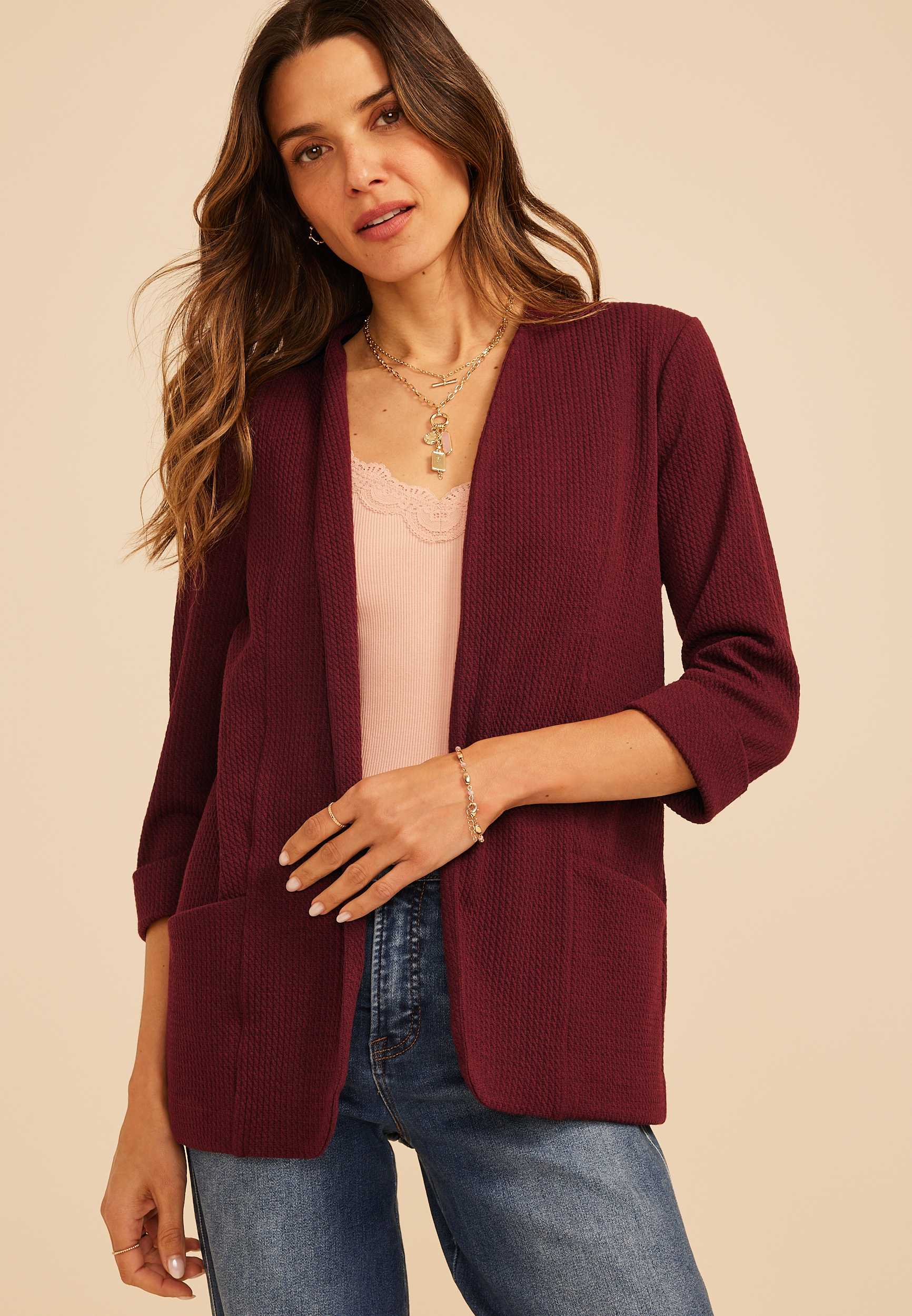 Versa 3/4 Sleeve Textured Blazer, C7923, large