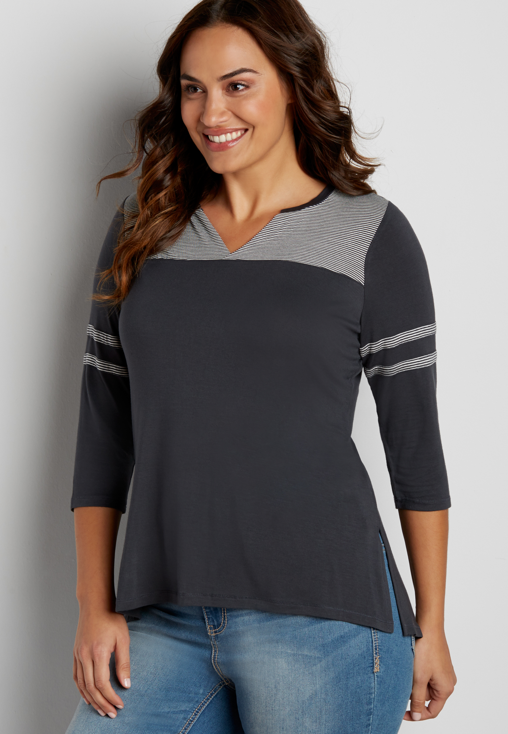 plus size football tee with slit neckline and stripes | maurices