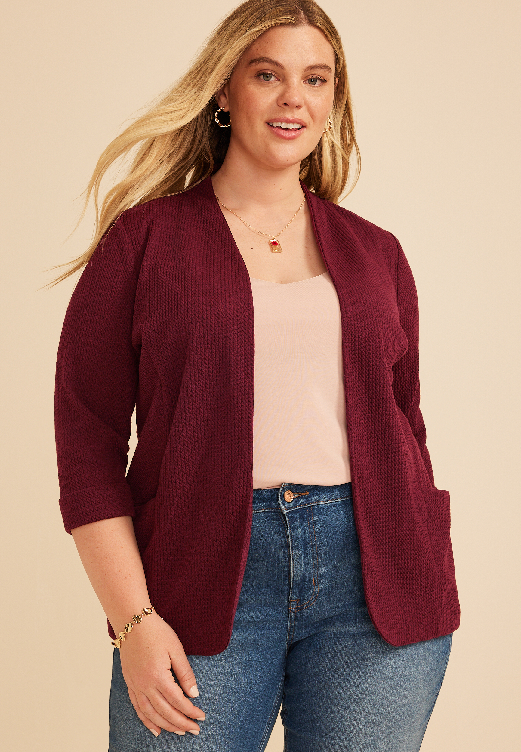Plus Size Versa 3/4 Sleeve Cable Pocket Blazer | maurices
