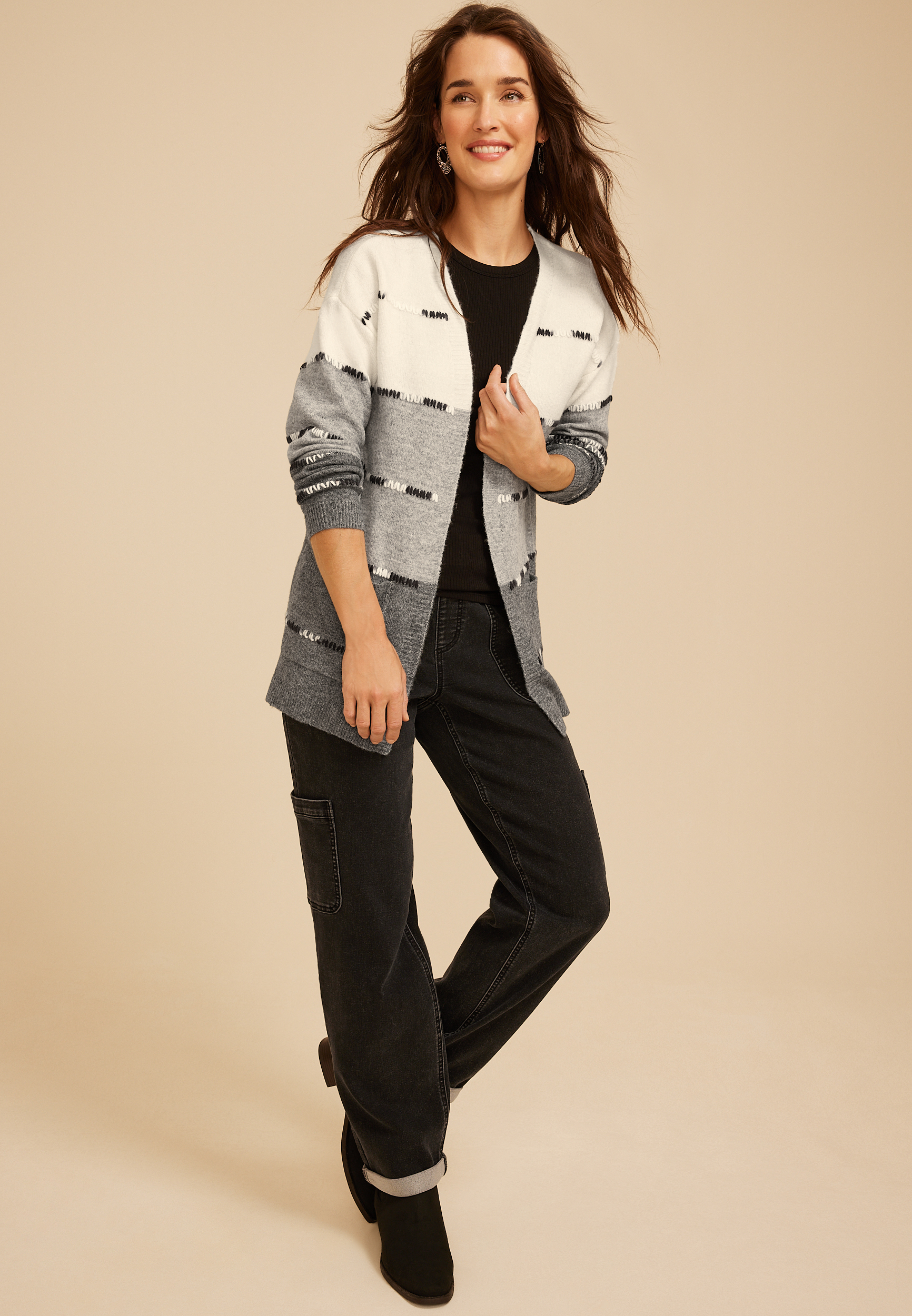 90s Colorblock Whipstitch Open Front Cardigan