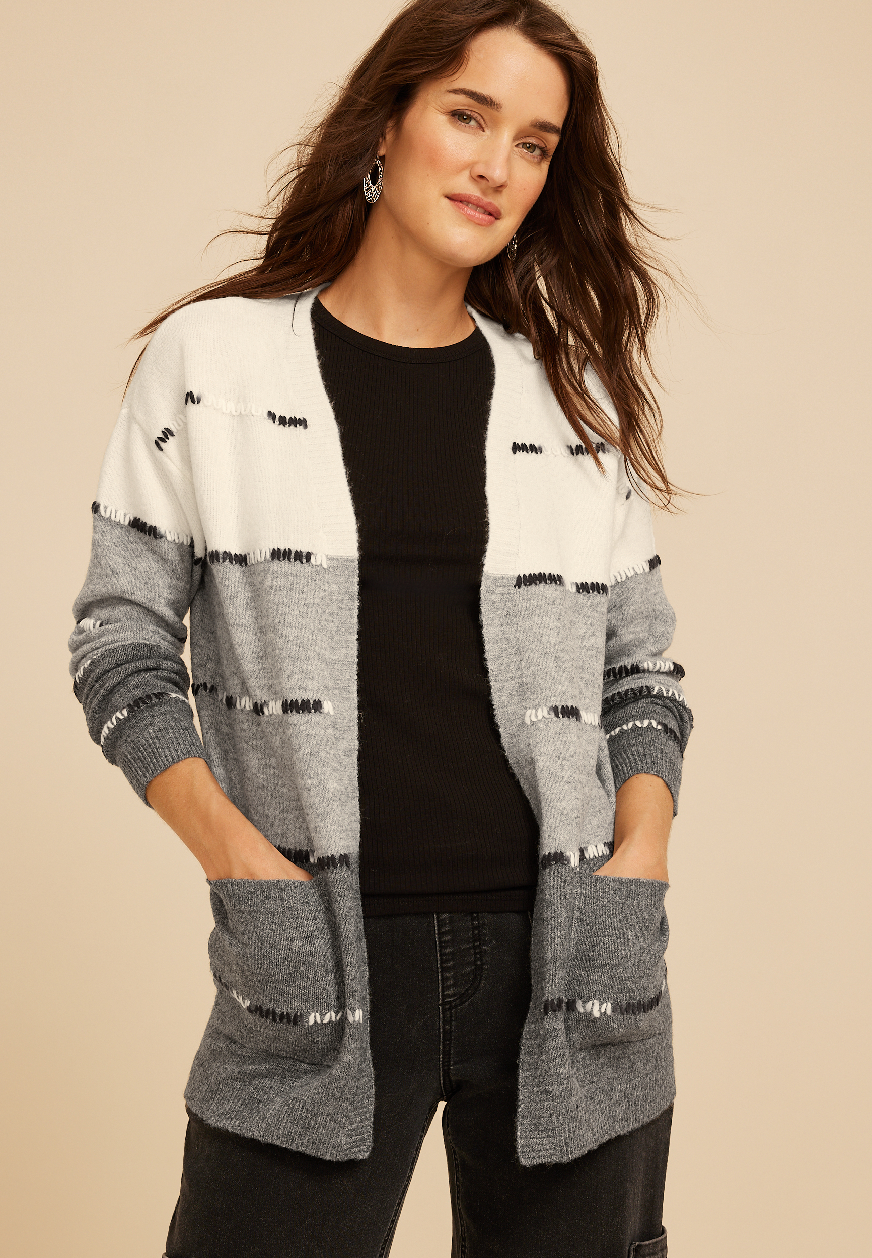 90s Colorblock Whipstitch Open Front Cardigan, C1942, large