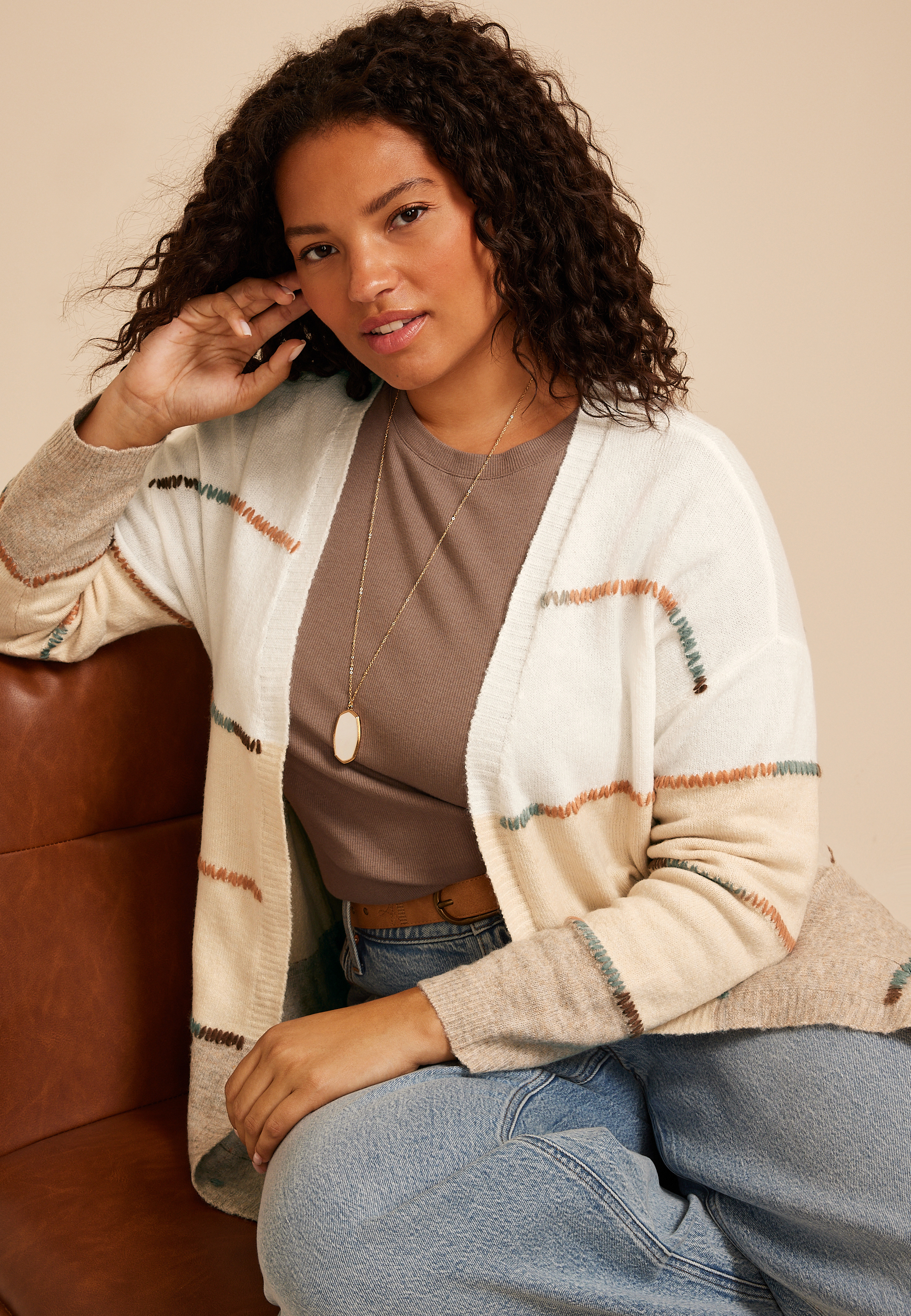 Plus Size 90s Colorblock Whipstitch Open Front Cardigan