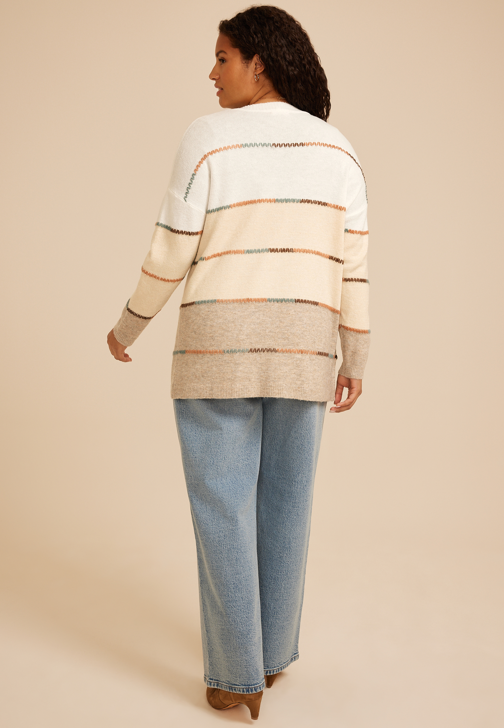 Plus Size 90s Colorblock Whipstitch Open Front Cardigan, C9817, large