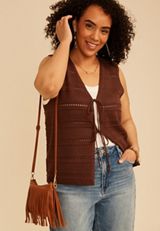 Plus Size Textured Stripe Tie Front Vest, C6058, small