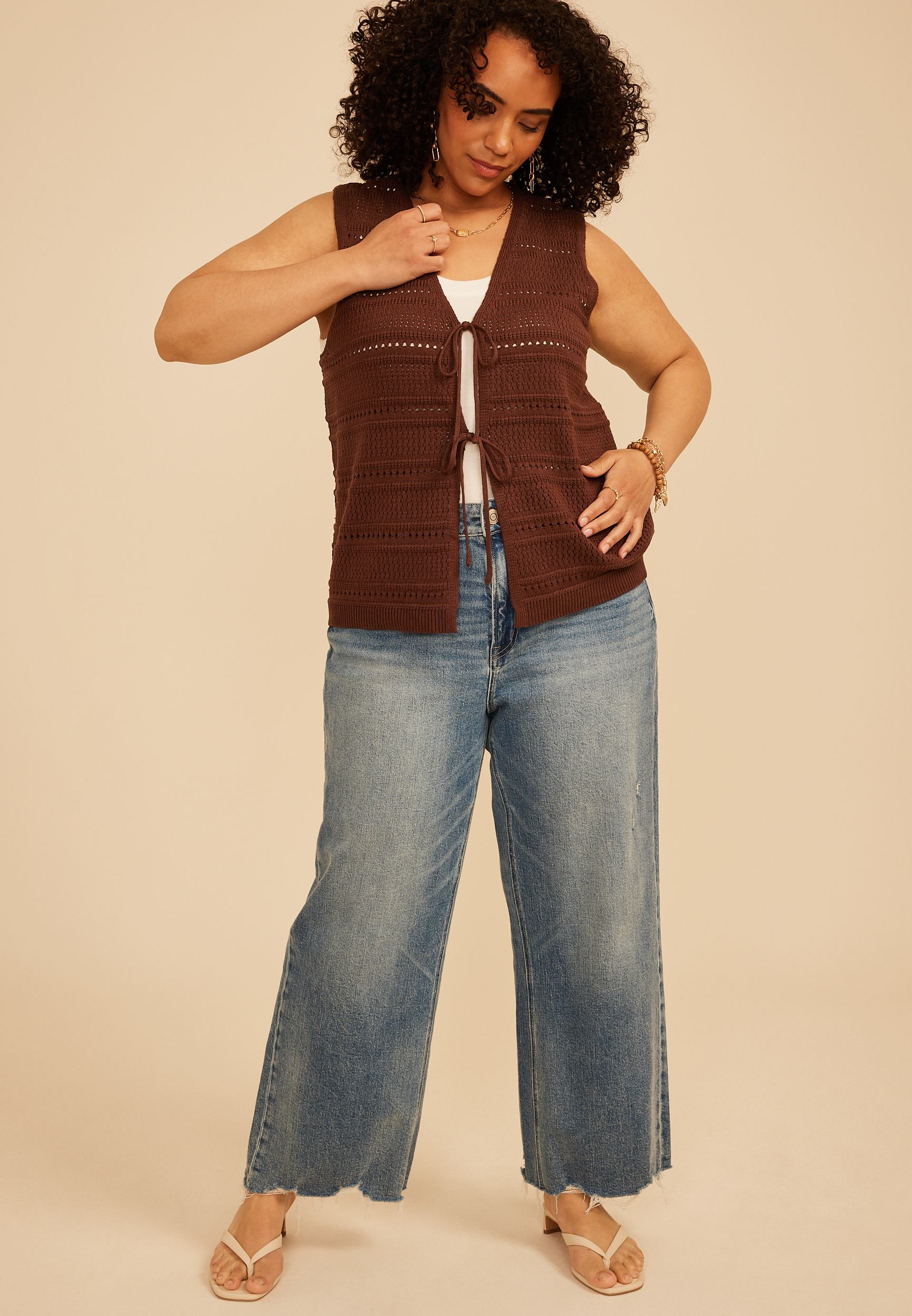 Plus Size Textured Stripe Tie Front Vest, C6058, large