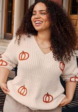 Plus Size Pumpkin Embroidered V Neck Sweater, C5487, small