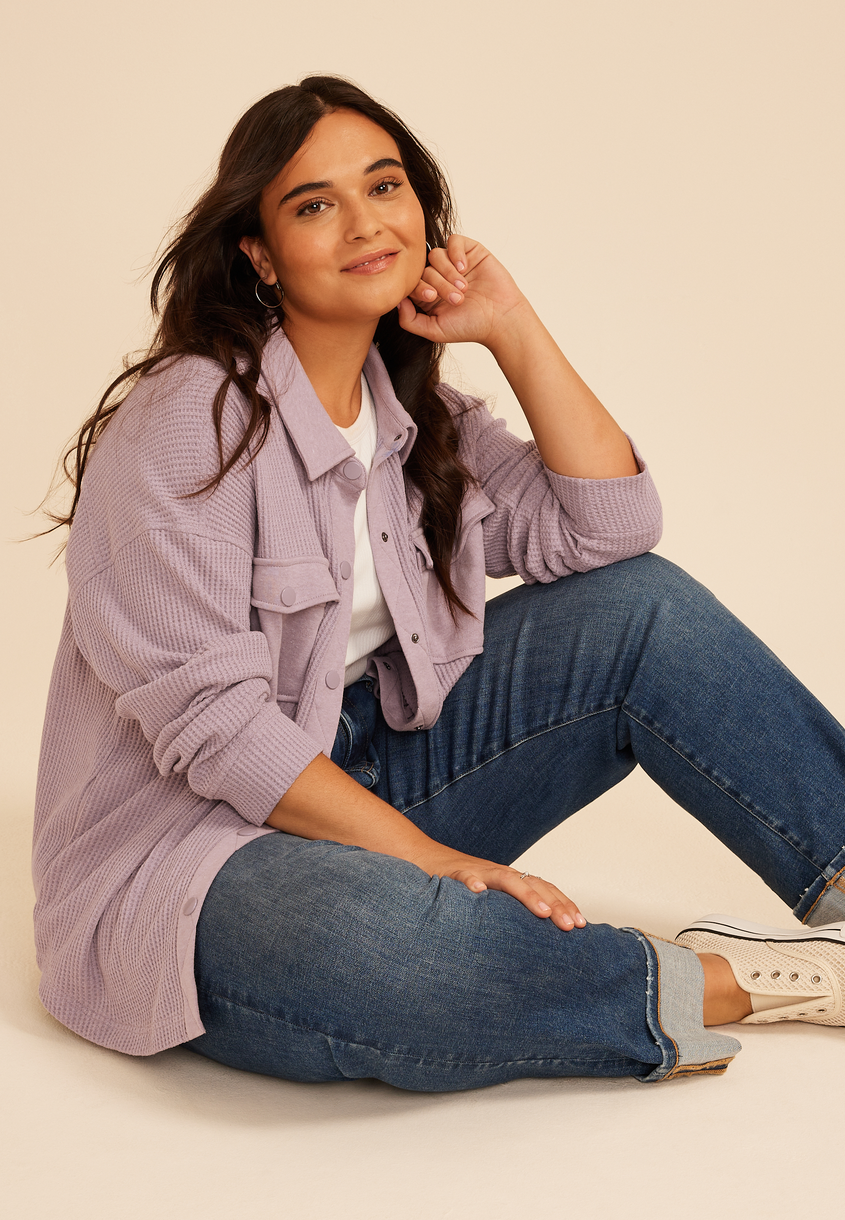 Plus Size Waffle Snap Button Shacket