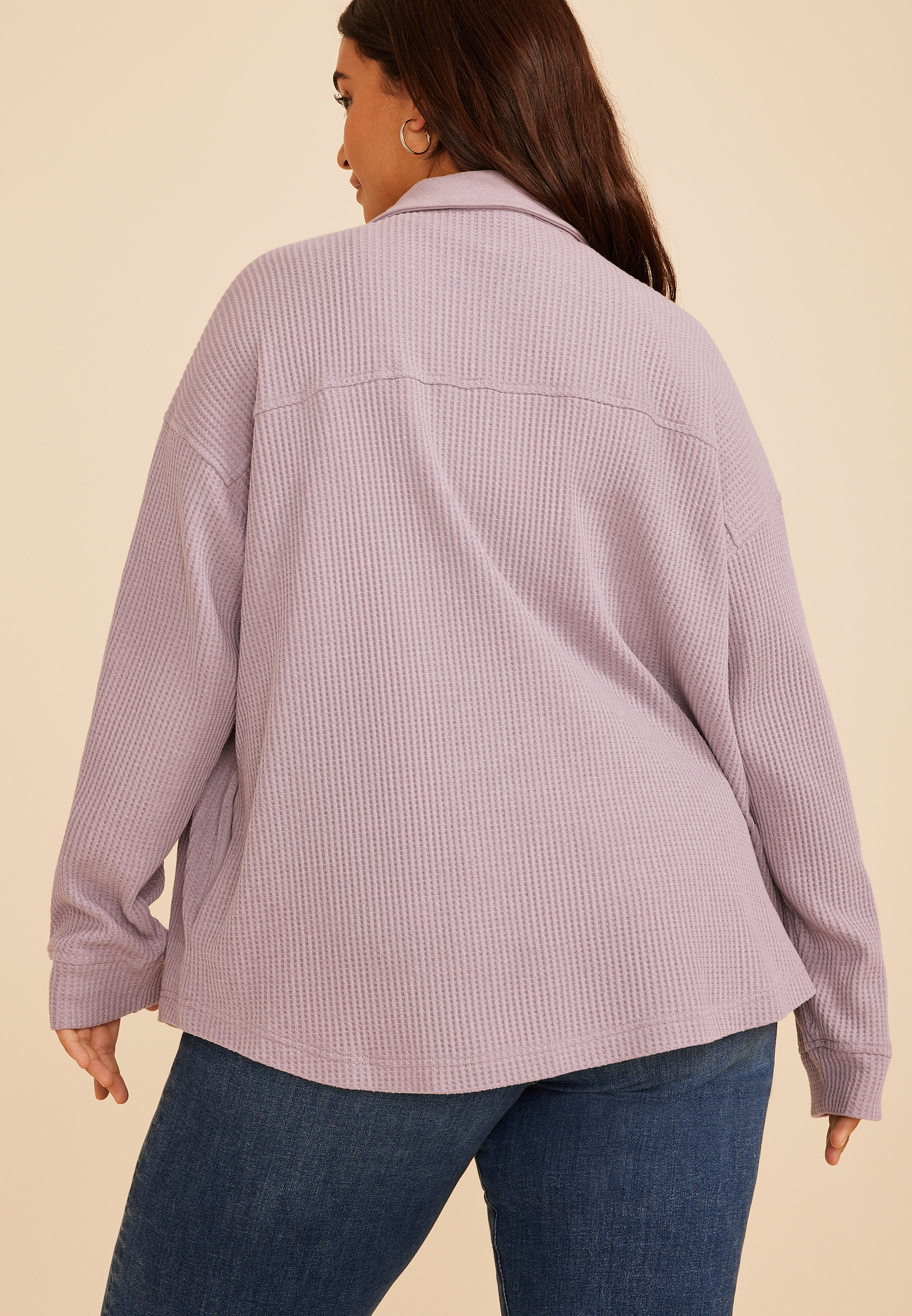 Plus Size Waffle Snap Button Shacket, LAVENDER GRAY, large