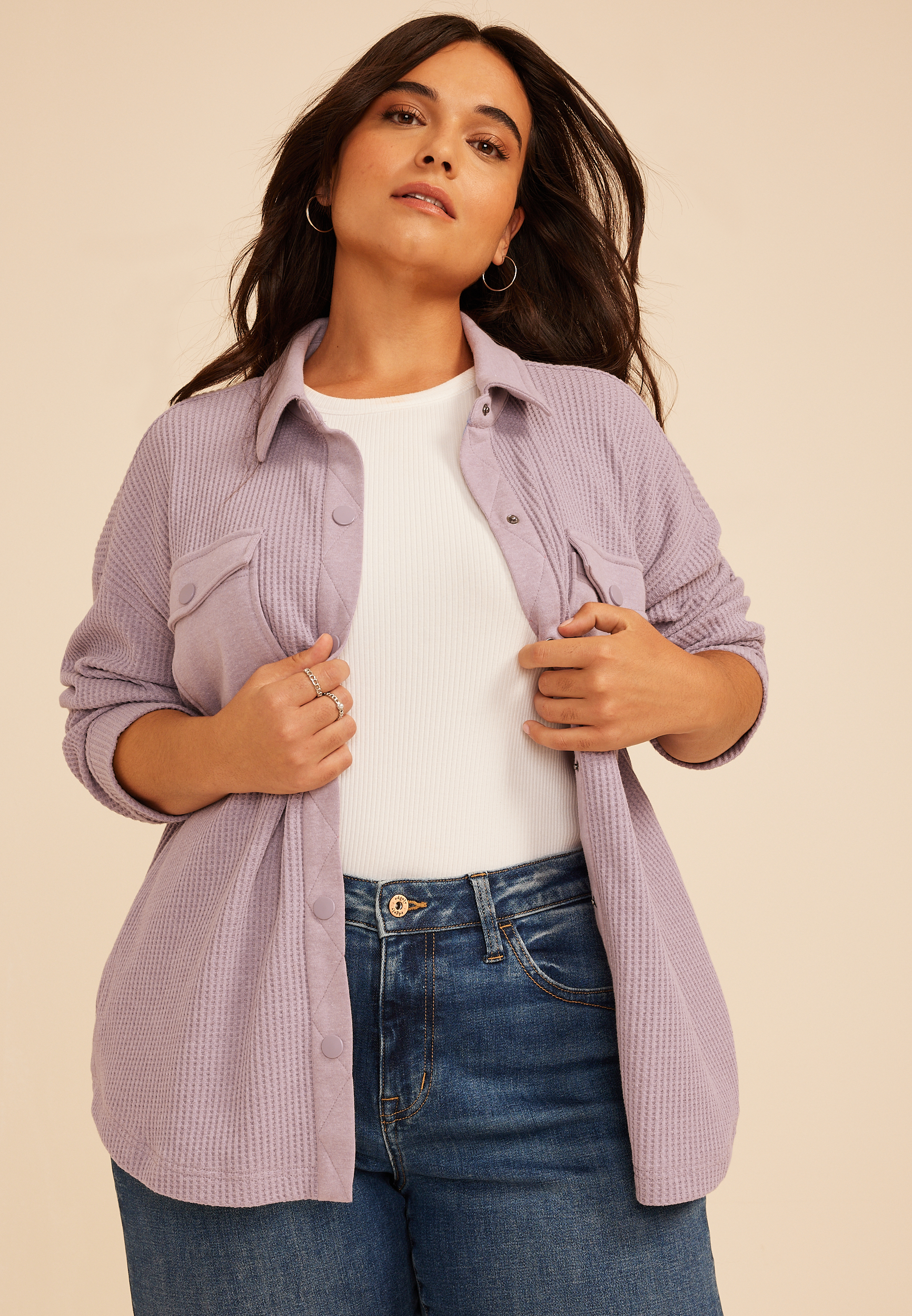 Plus Size Waffle Snap Button Shacket | maurices