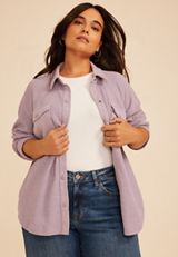 Plus Size Waffle Snap Button Shacket, LAVENDER GRAY, small