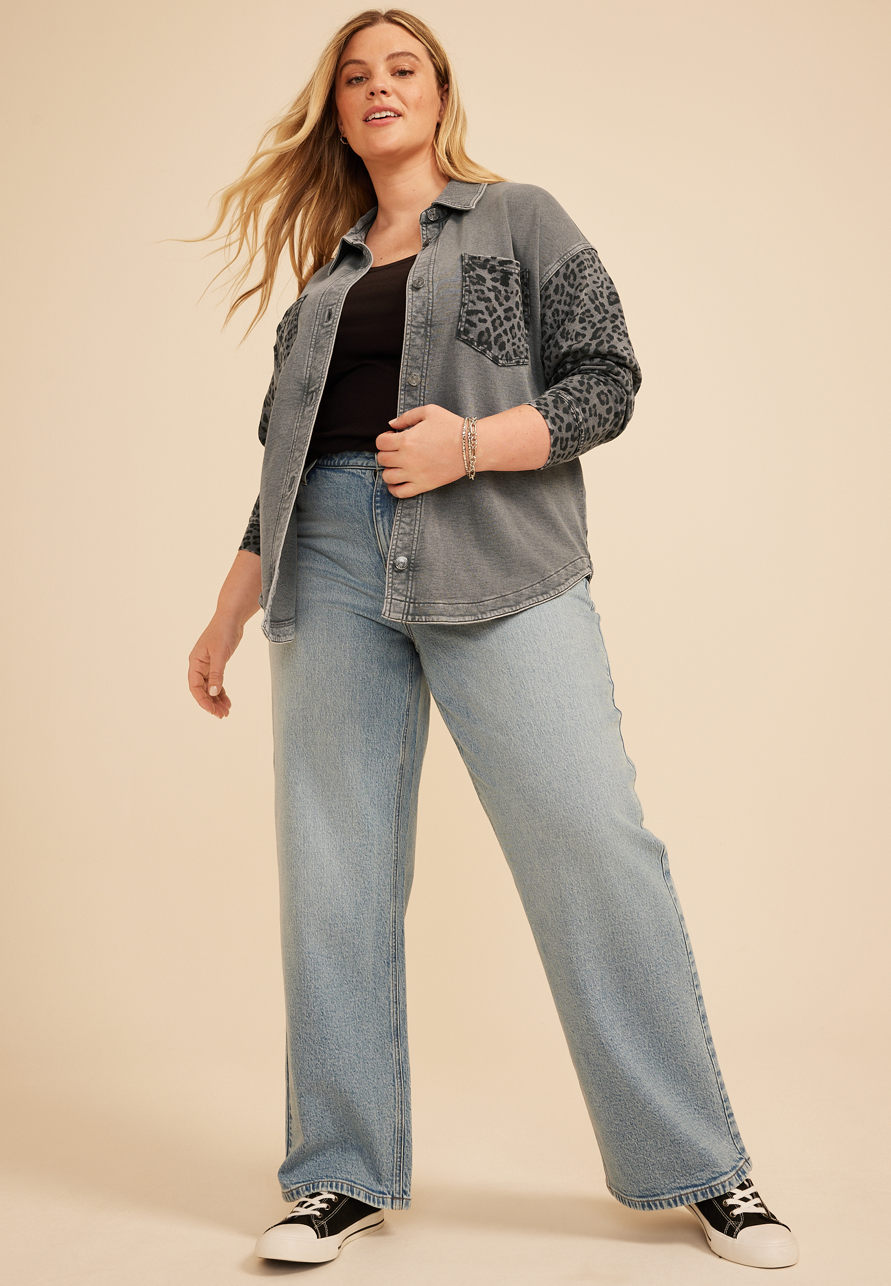 Plus Size Leopard Washed Oversized Shacket