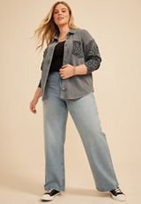 Plus Size Leopard Washed Oversized Shacket, C1770, small