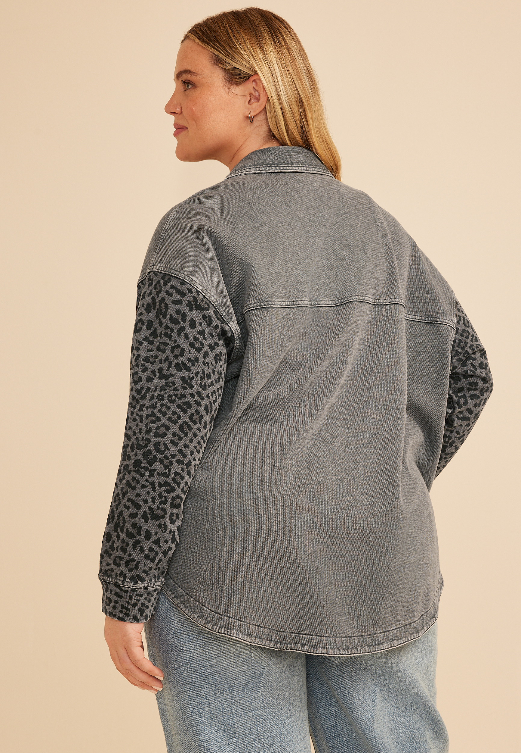 Plus Size Leopard Washed Oversized Shacket, C1770, large