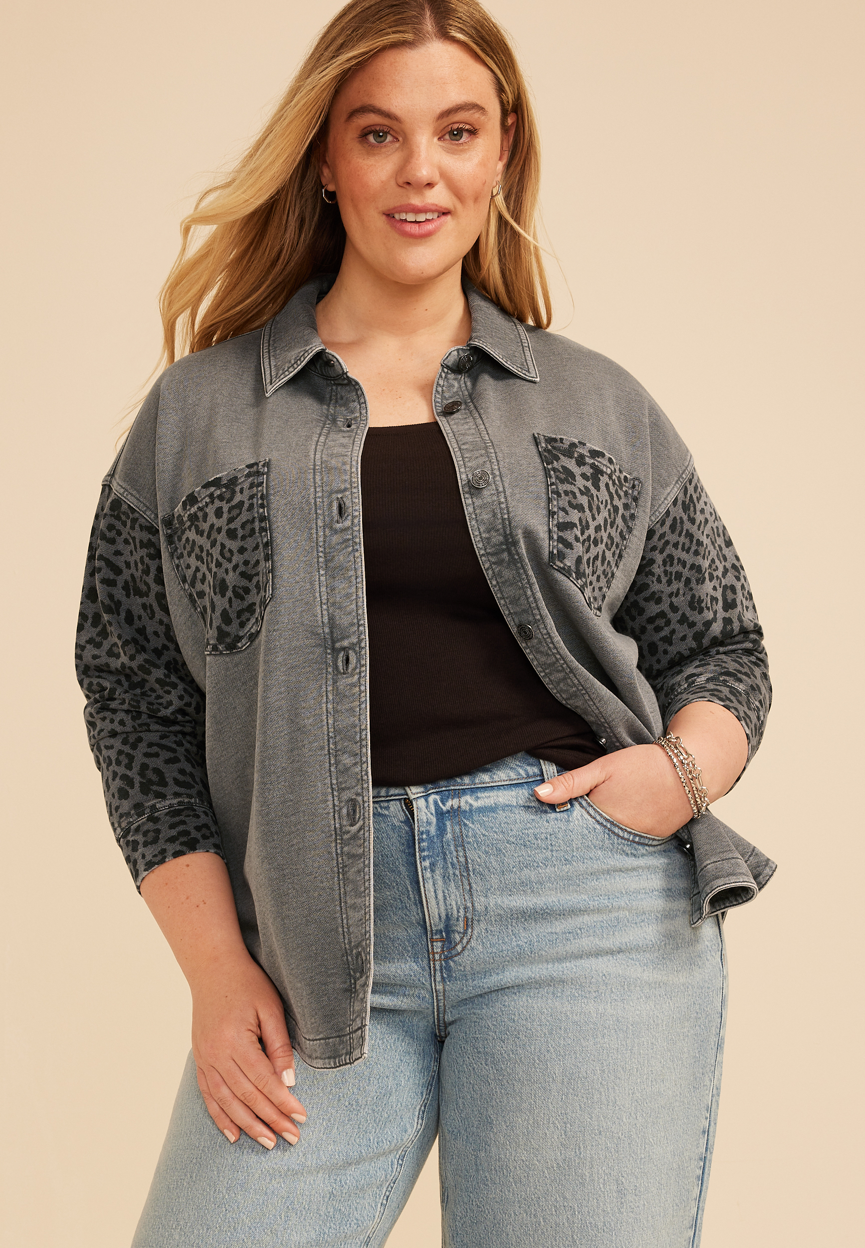 Plus Size Leopard Washed Oversized Shacket, C1770, large