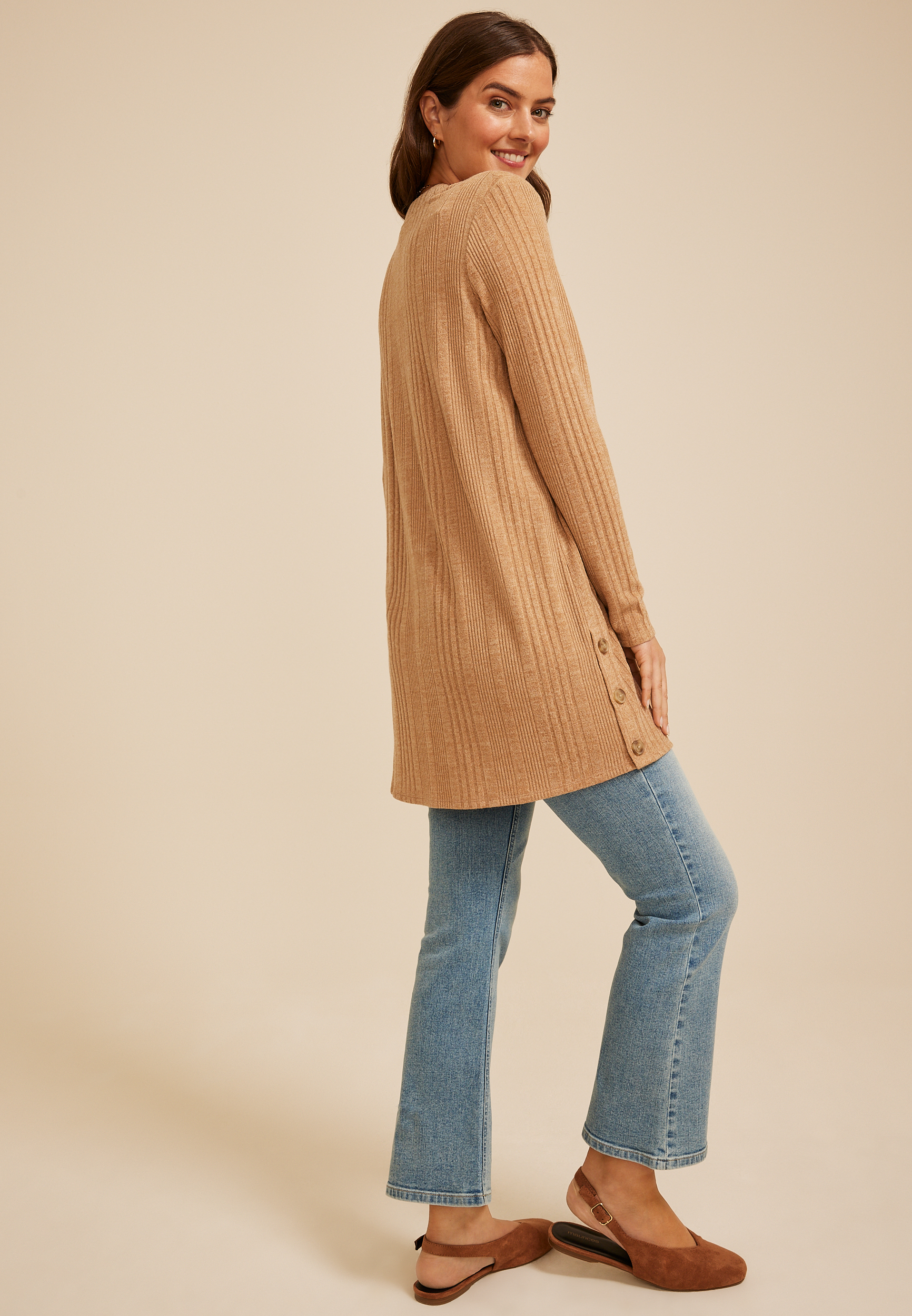 Ribbed Hacci Side Button Open Front Duster Cardigan, C5825, large