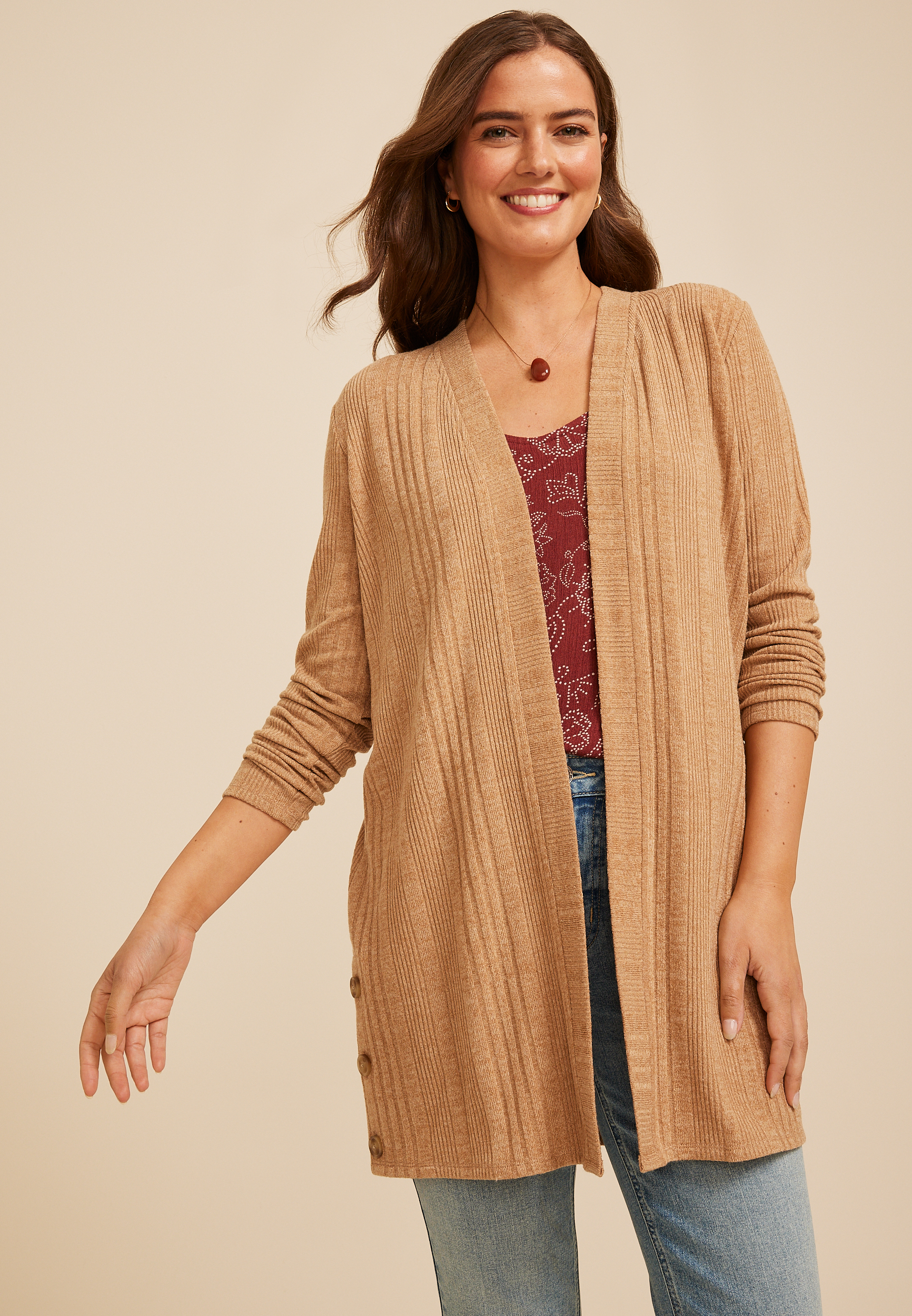 Ribbed Hacci Side Button Open Front Duster Cardigan, C5825, large